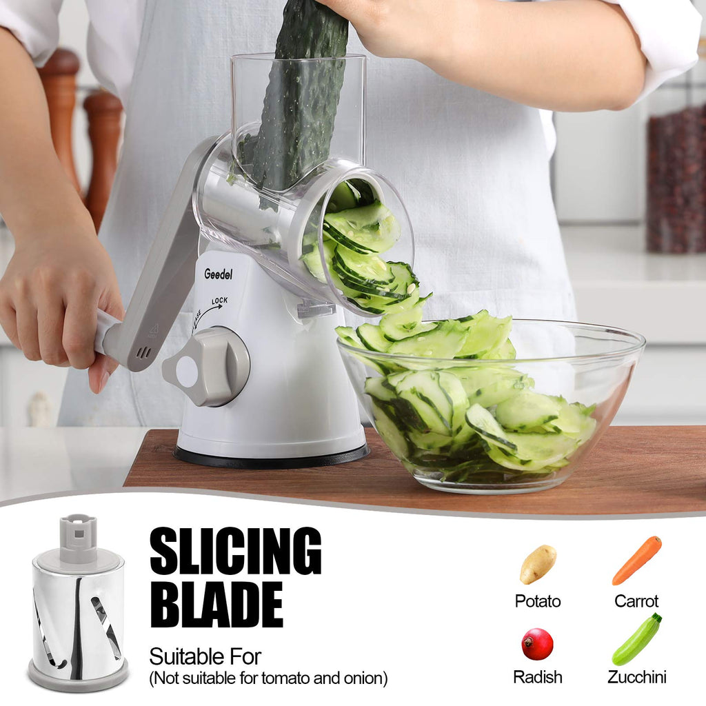 Geedel Kitchen Cheese Grater, Rotary Mandoline Vegetable Slicer with Interchangeable Blades, Easy to Use Rotary Grater Slicer for Fruit, Vegetables, Nuts