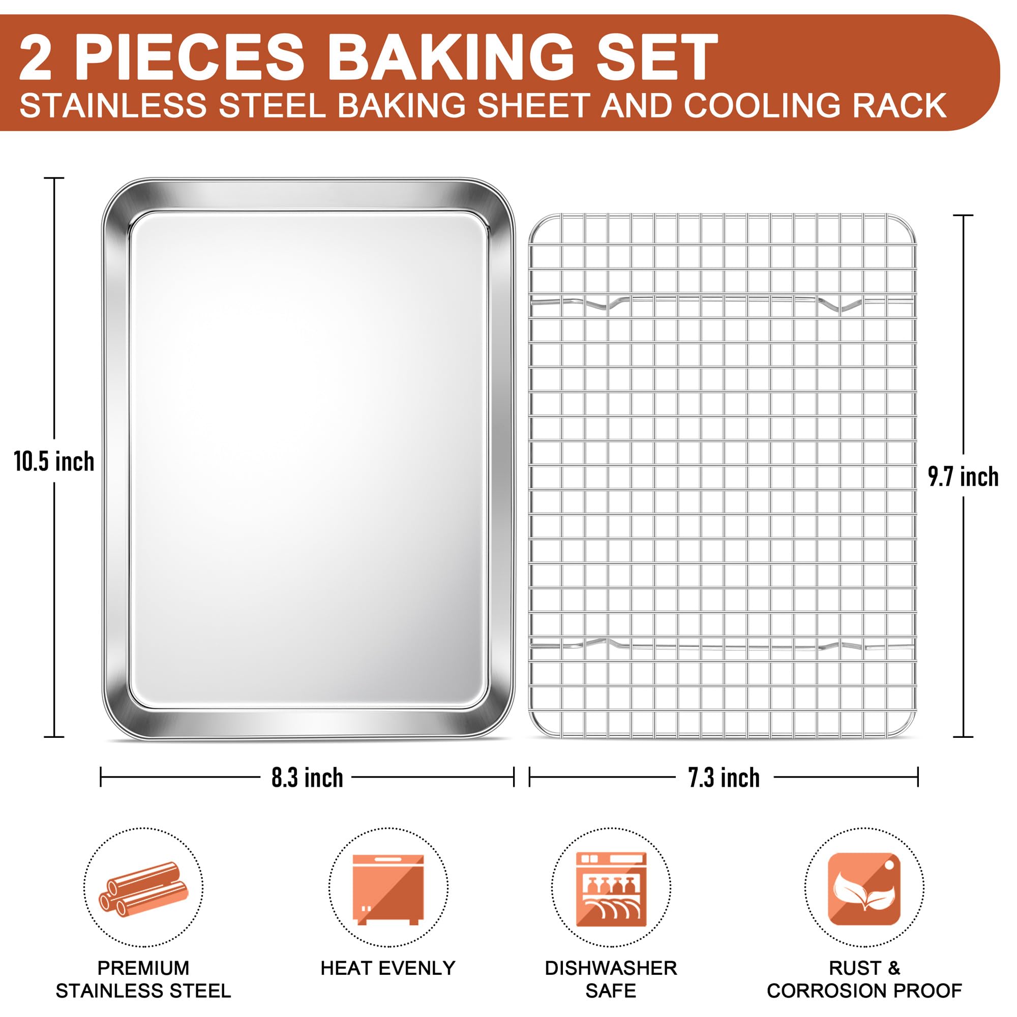 E-far Stainless Steel Baking Sheet with Wire Rack Set, 10.5” x 8.3” Cookie Sheet Baking Pan for Toaster Oven, Small Metal Tray with Cooling Rack for Cooking Roasting, Non-Toxic & Dishwasher Safe