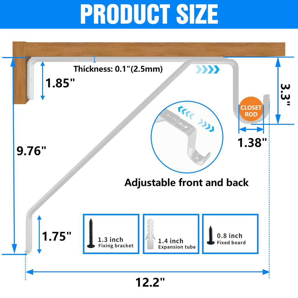 Closet Shelf and Rod Bracket, Heavy Duty Adjustable Closet Rod Bracket with Shelf Holder - White Closet Rod Support & Shelf Brackets for Storage (White Adjustable, Count, 2)