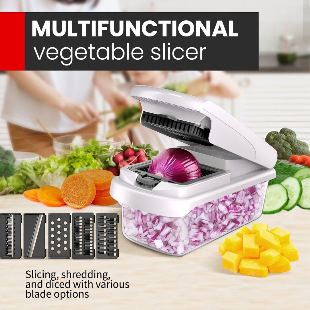 Chkout Vegetable Chopper with Container, 13-in-1 Mandoline Slicer Dicer & Spiralizer, Onion Veggie Chopper, Potato Fry Cutter, Manual Food Chopper, Kitchen Tools Gadgets, Stainless Steel Blades