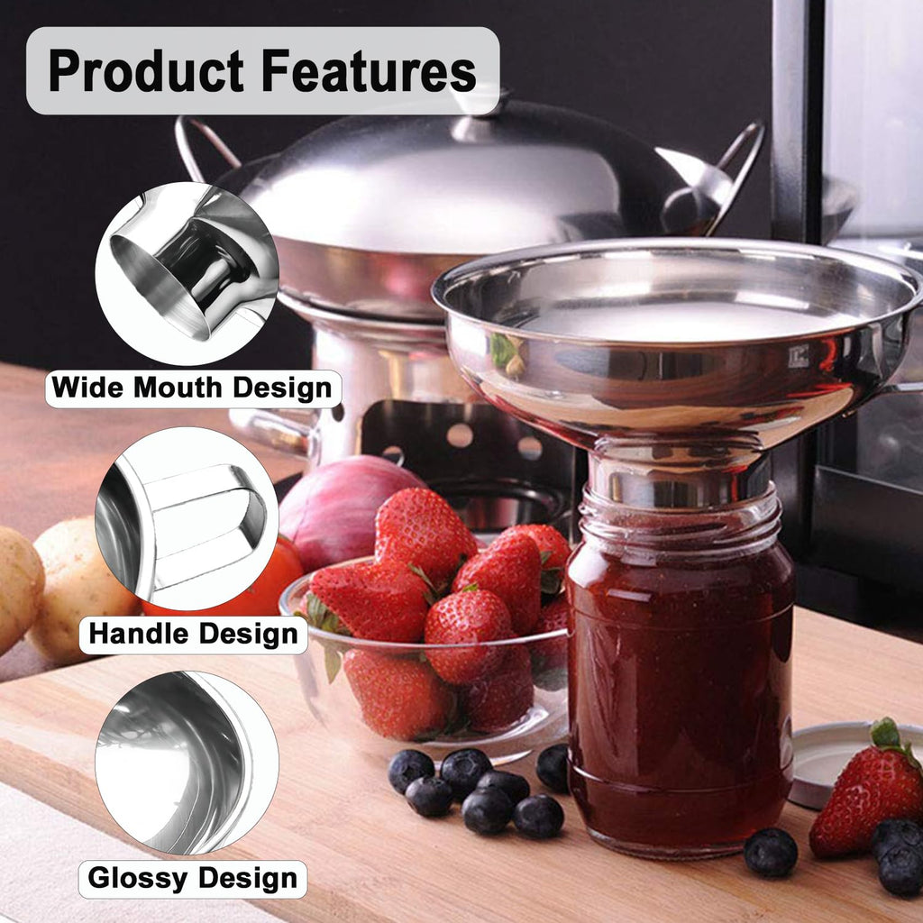 Lmoszuak Stainless Steel Canning Funnel Set, Wide Mouth Funnel for Regular Mason Jar, 2pcs (2 Large, 2 Small Funnels, Strainer, Mesh, Dispensing Funnel)