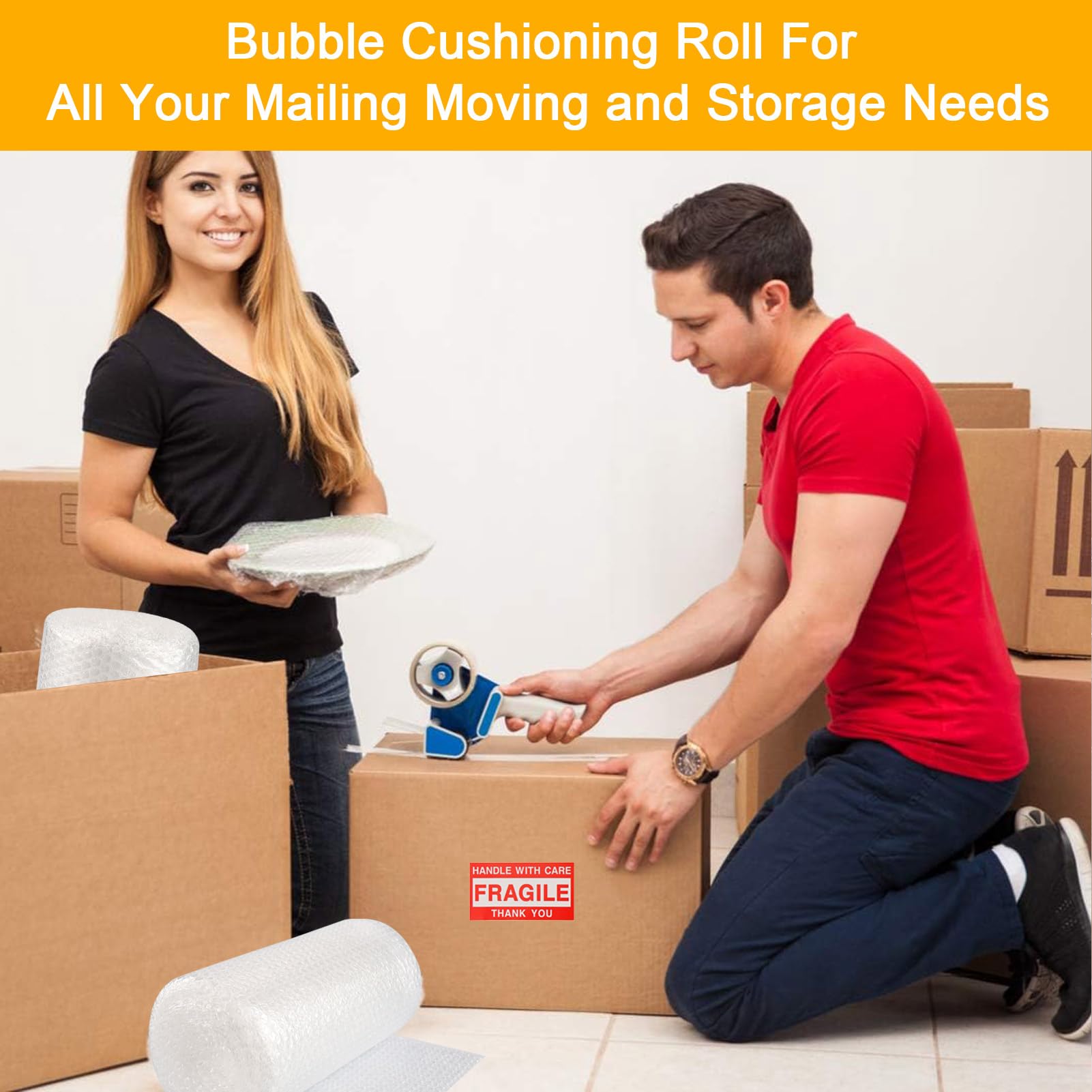 2-Pack Bubble Cushioning Wrap Rolls for Packing Moving Shipping,12"x 72' ft Total Bubble Packing Wrap with 20 Fragile Stickers,Perforated Every 12",Cushioning Rolls for Moving Box Bubbles Pack Wrap