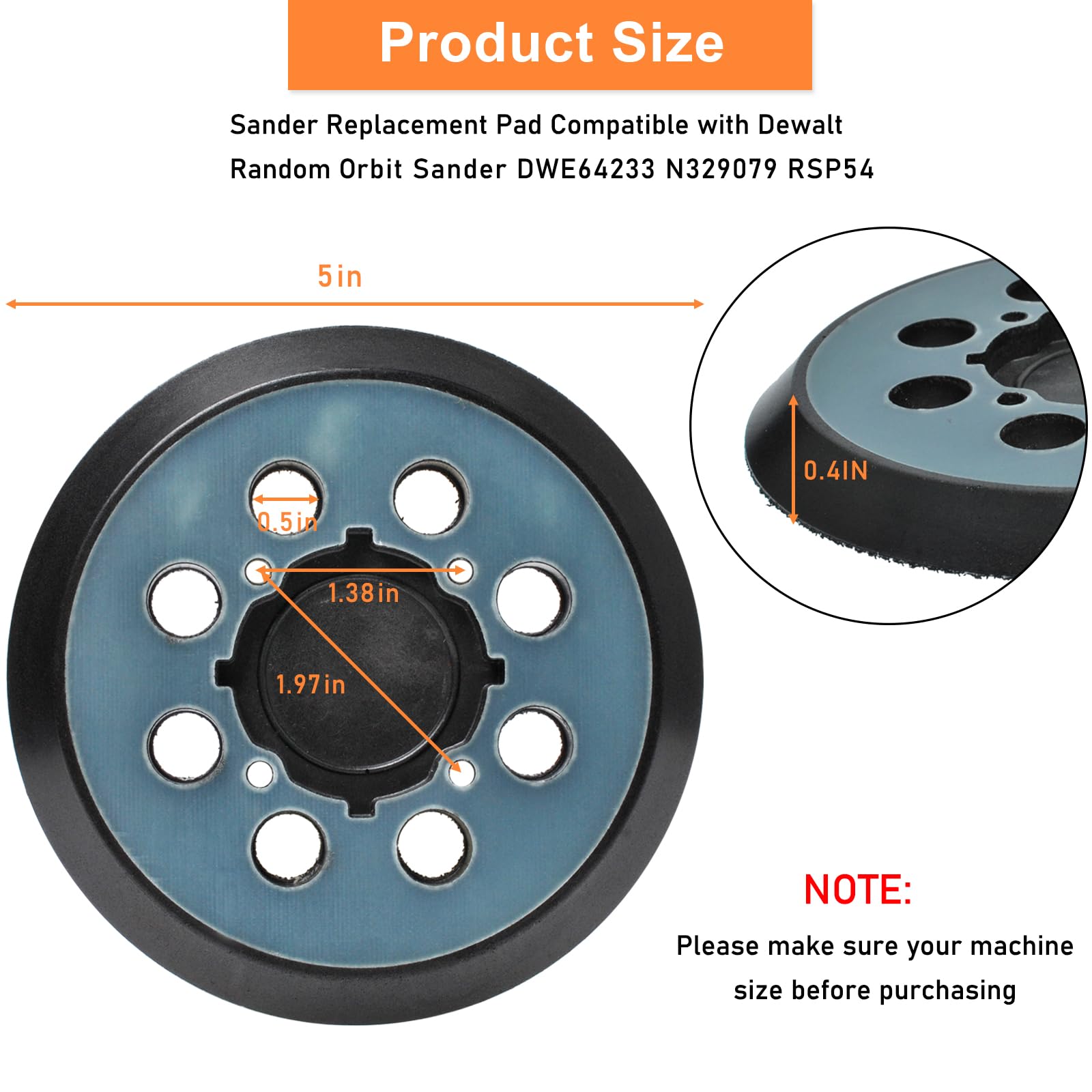 Wadoy 5 Inch Sander Pad Replacement Compatible with Dewalt Orbital Sander DWE6421 DWE6421K DWE6423 DWE6423K DCW210B, 8 Hole Hook and Loop Sanding Pad Replaces DWE64233 N329079 RSP54(2 Pcs)
