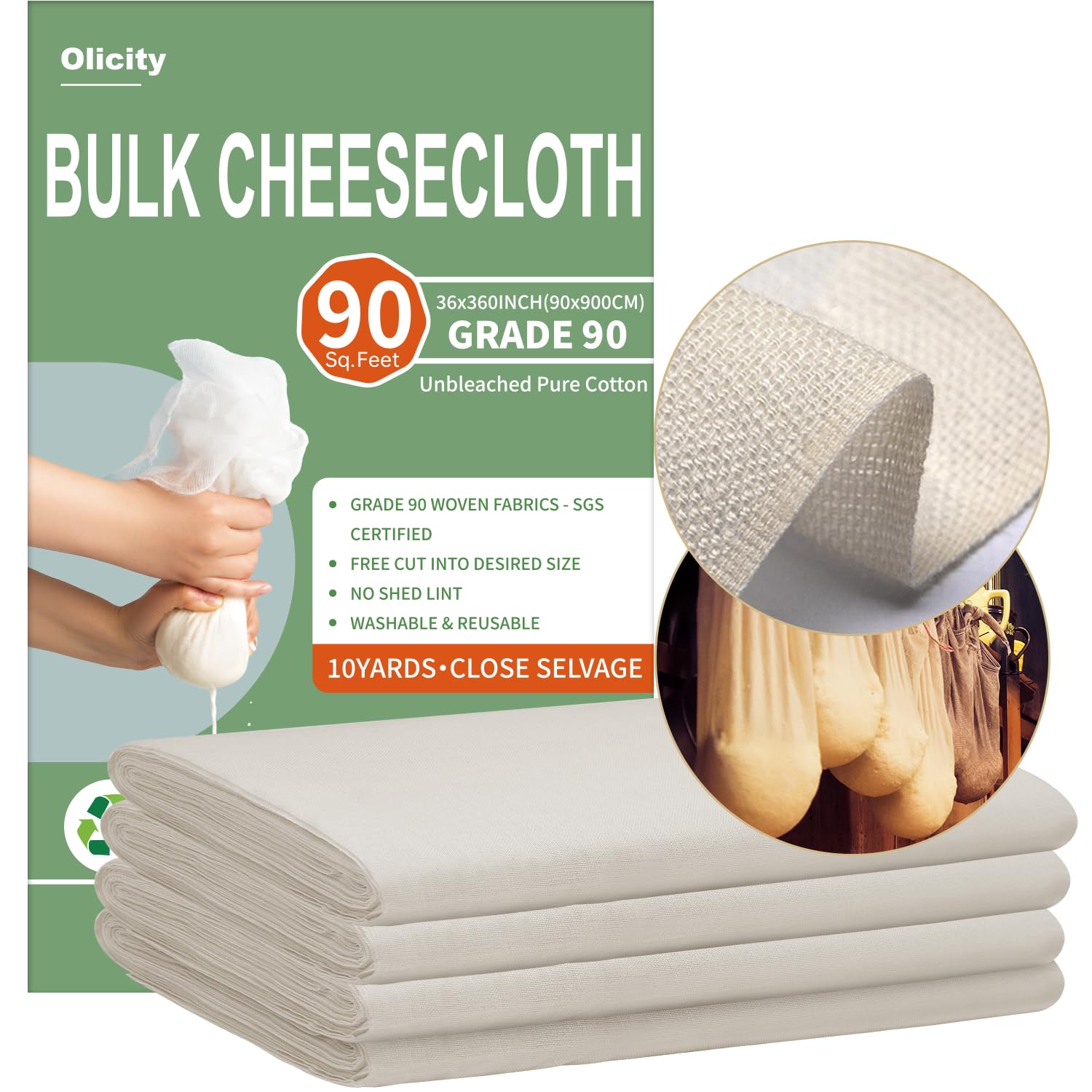 Olicity Cheese Cloth Roll, Grade 90, 3x30Ft, 90 Sq Feet, Reusable Large Cheesecloth Roll Bulk with Closed Edges Unbleached Cotton Muslin Fabric Cheese Cloths for Straining, Cooking, Crafts - 10 Yards