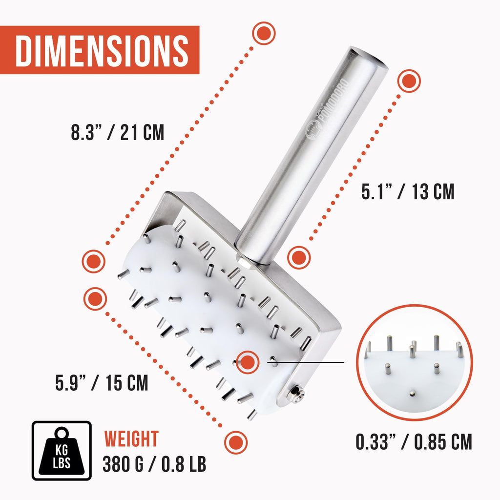 Chef Pomodoro Stainless Steel Pizza Dough Roller (21 x 14.5 cm, Spike Length 7 mm) - Premium Pizza Docker, Dough Docker, Pizzas Dough Docker, Pizza Docker Roller