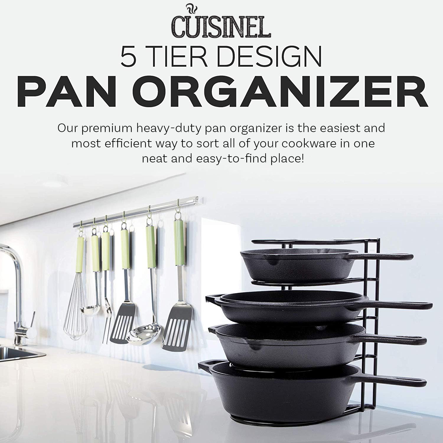 Heavy Duty Pan Organizer, 5 Tier Rack - Holds up to 50 LB - For Cast Iron Skillets, Griddles, Pots - Durable Steel Construction - Space Saving Kitchen Storage - No Assembly Required - Black 12.2-Inch