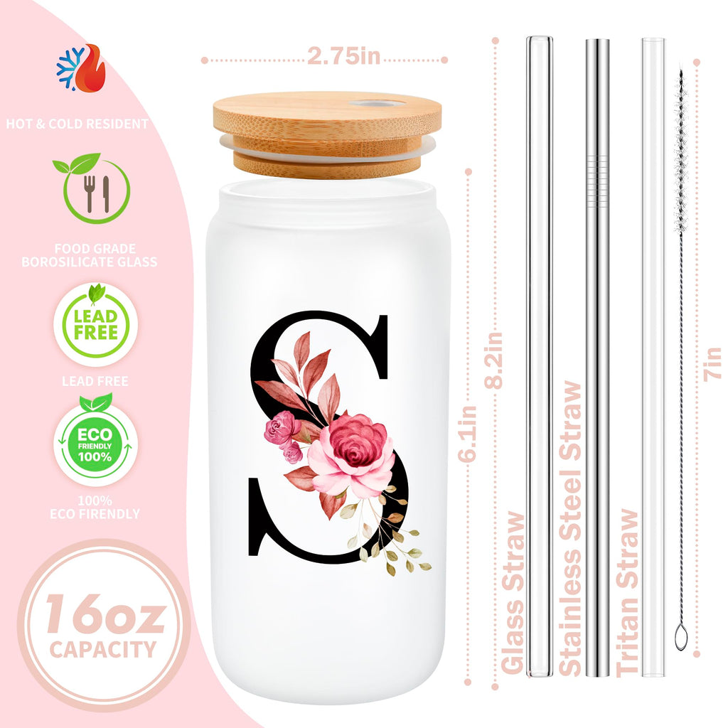 Personalized Gifts for Women, Monogrammed Frosted Glass Tumbler with Straw and Lid, Cute Customized Mug, Custom Initial Iced Coffee Glasses, Customizable Drinking Cup, Birthday Teacher Woman, J