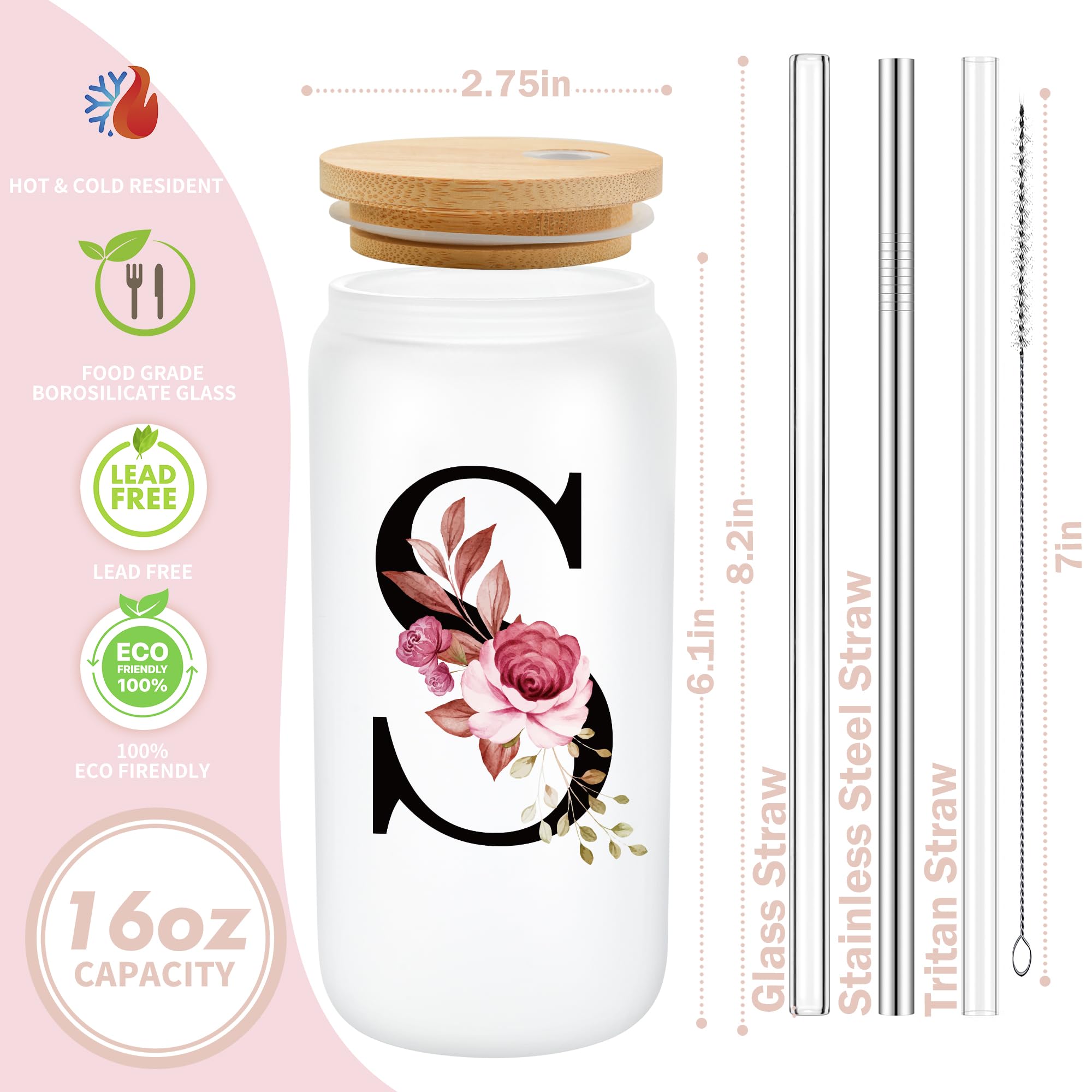 Personalized Gifts for Women, Monogrammed Frosted Glass Tumbler with Straw and Lid, Cute Customized Mug, Custom Initial Iced Coffee Glasses, Customizable Drinking Cup, Birthday Teacher Woman, J