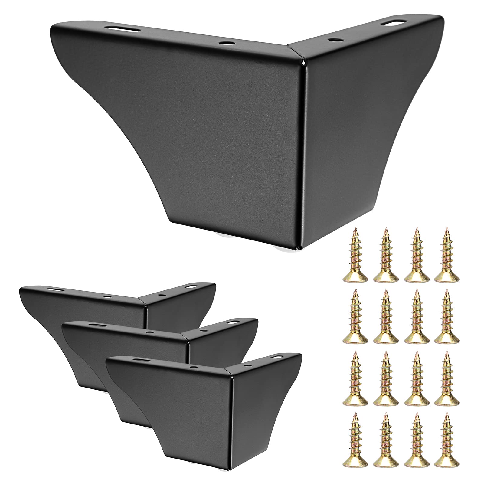 JuxYes Pack of 4 Furniture Legs with Screw,3 Inch Black Sofa Cabinet Legs, Non-Slip Replacement Legs with Rubber Protector for Table, Cupboard,Couch Chair,Bookcase,Cabinet Dresser,Bed