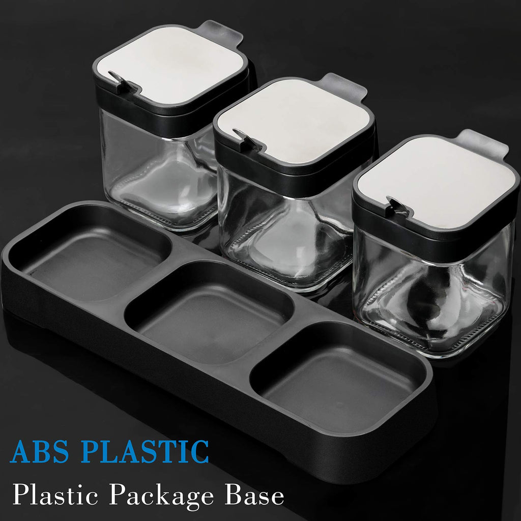 Mlici Condiment Jar Spice Container Set of 3 with Lids & Spoons, 255ml Clear Glass Condiment Canisters Pots Seasoning Box, Salt Container Sugar Bowl for Kitchen, Counter, Food Storage (Black)