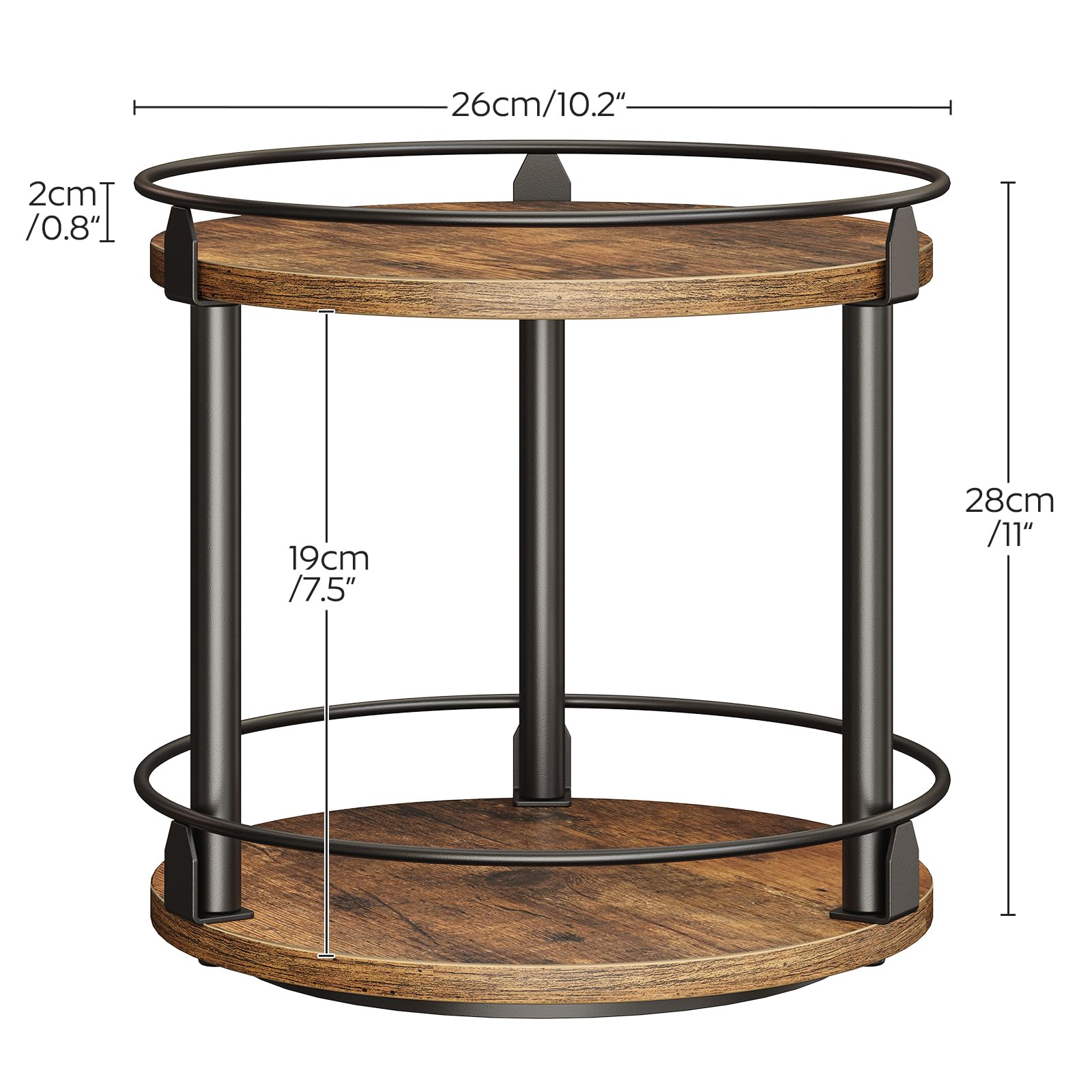 YATINEY Spice Rack, Rotating Spice Organizer for Cupboard, 2 Tier Lazy Susan Turntable, Industrial Countertop Organizer, for Kitchen and Cabinet, Compact and Versatile, Rustic Brown and Black SR22BR