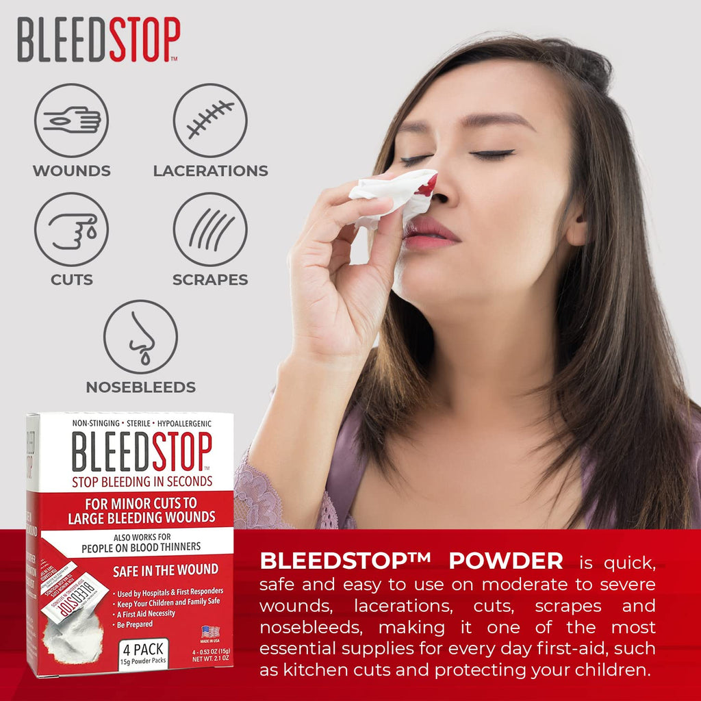 BleedStop First Aid Powder for Blood Clotting, Trauma Kit, Blood Thinner Patients, Camping Safety, and Survival Equipment for Moderate to Severe Bleeding Wounds or Nosebleeds 5 Pack 15g
