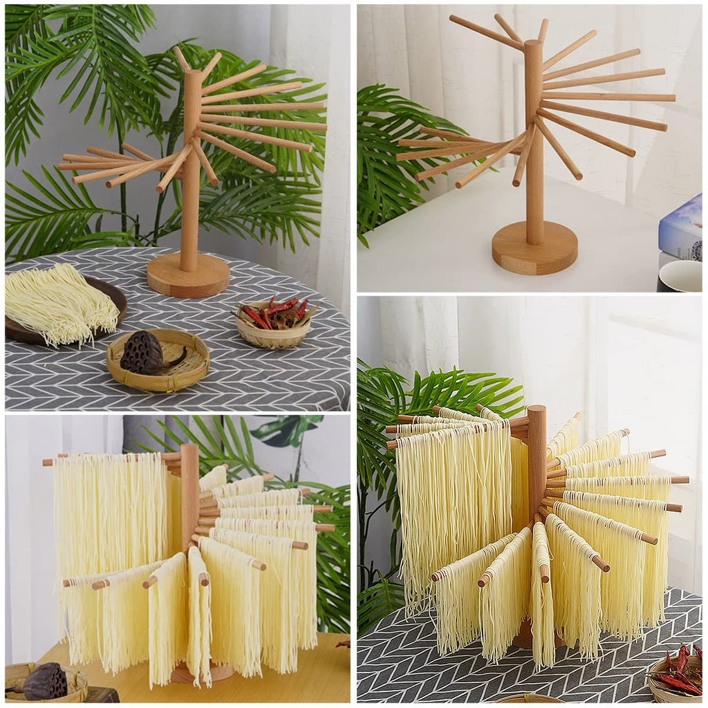 Pasta Drying Rack Collapsible Wood Fresh Pasta Dryer Rack Stand Foldable Noodle Hanger with 16 Non-Slip Rods Spaghetti Drying Rack for Kitchen Compact for Easy Storage, Quick Set up (Log Color)