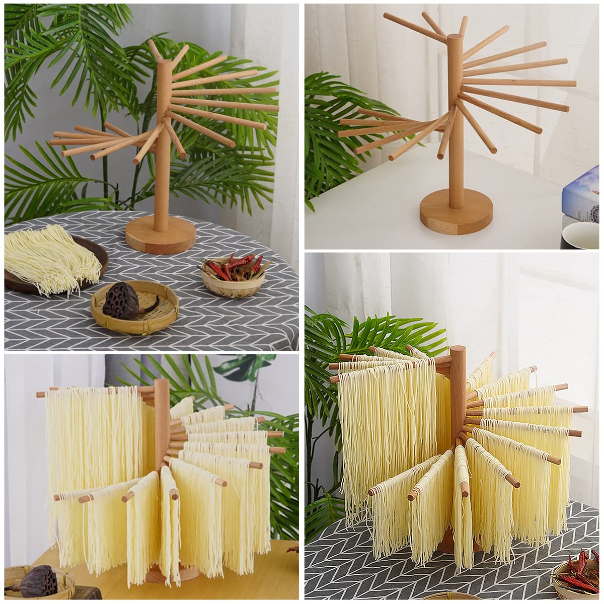 Pasta Drying Rack Collapsible Wood Fresh Pasta Dryer Rack Stand Foldable Noodle Hanger with 16 Non-Slip Rods Spaghetti Drying Rack for Kitchen Compact for Easy Storage, Quick Set up (Log Color)