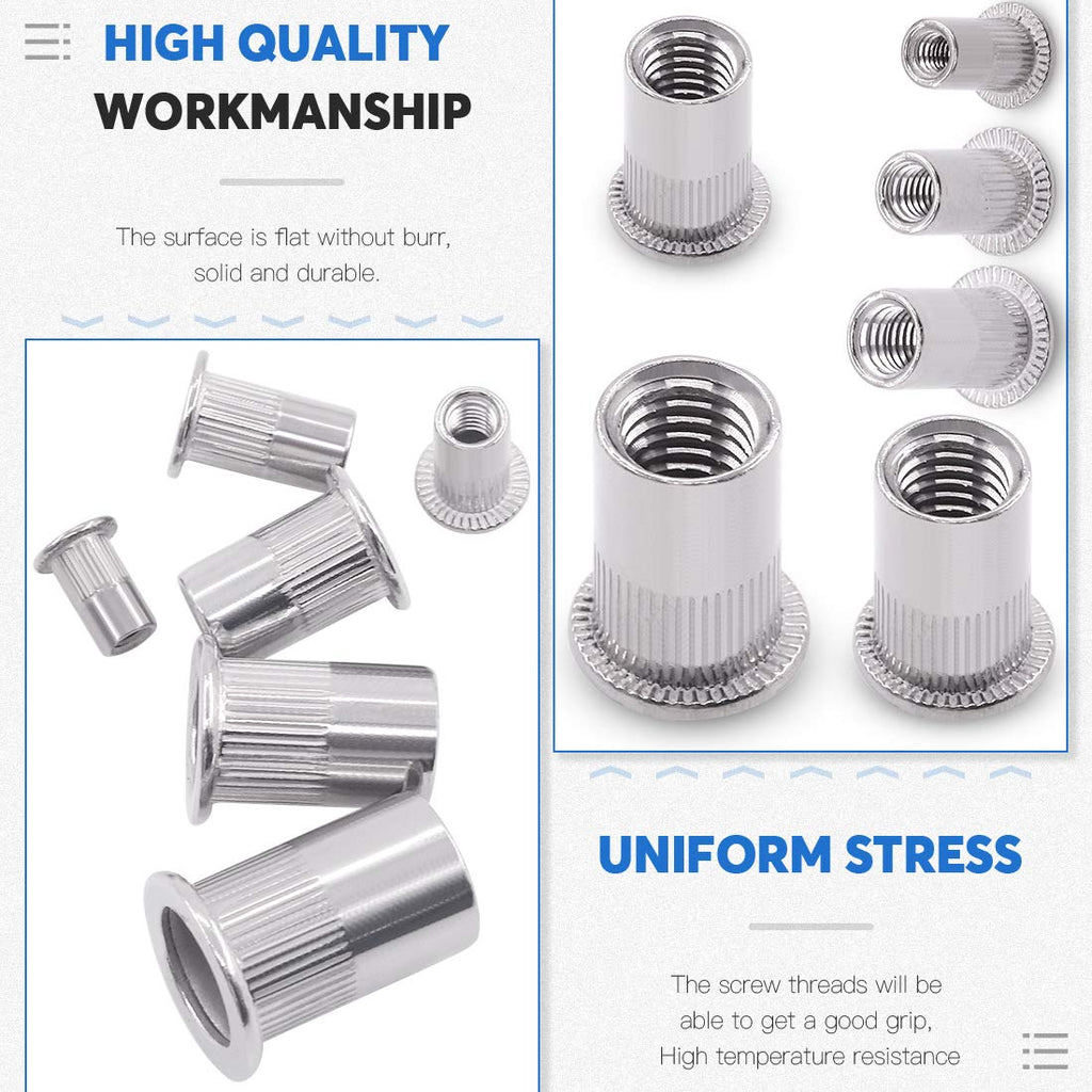 Glarks 180Pcs 304 Stainless Steel Flat Head Threaded Rivetnut Insert Nutsert Rivet Nut Assortment Kit - M3 M4 M5 M6 M8 M10