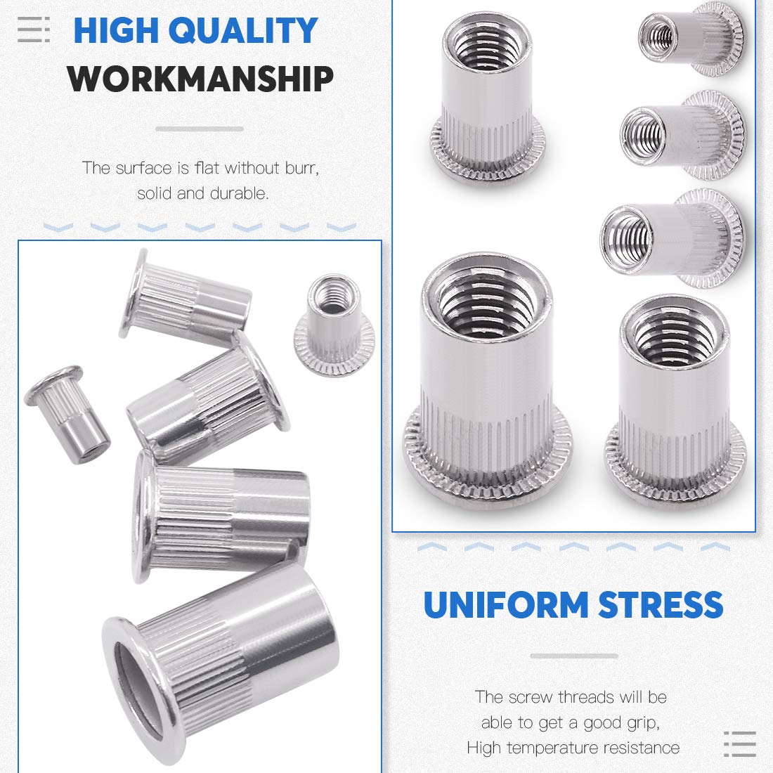 Glarks 180Pcs 304 Stainless Steel Flat Head Threaded Rivetnut Insert Nutsert Rivet Nut Assortment Kit - M3 M4 M5 M6 M8 M10