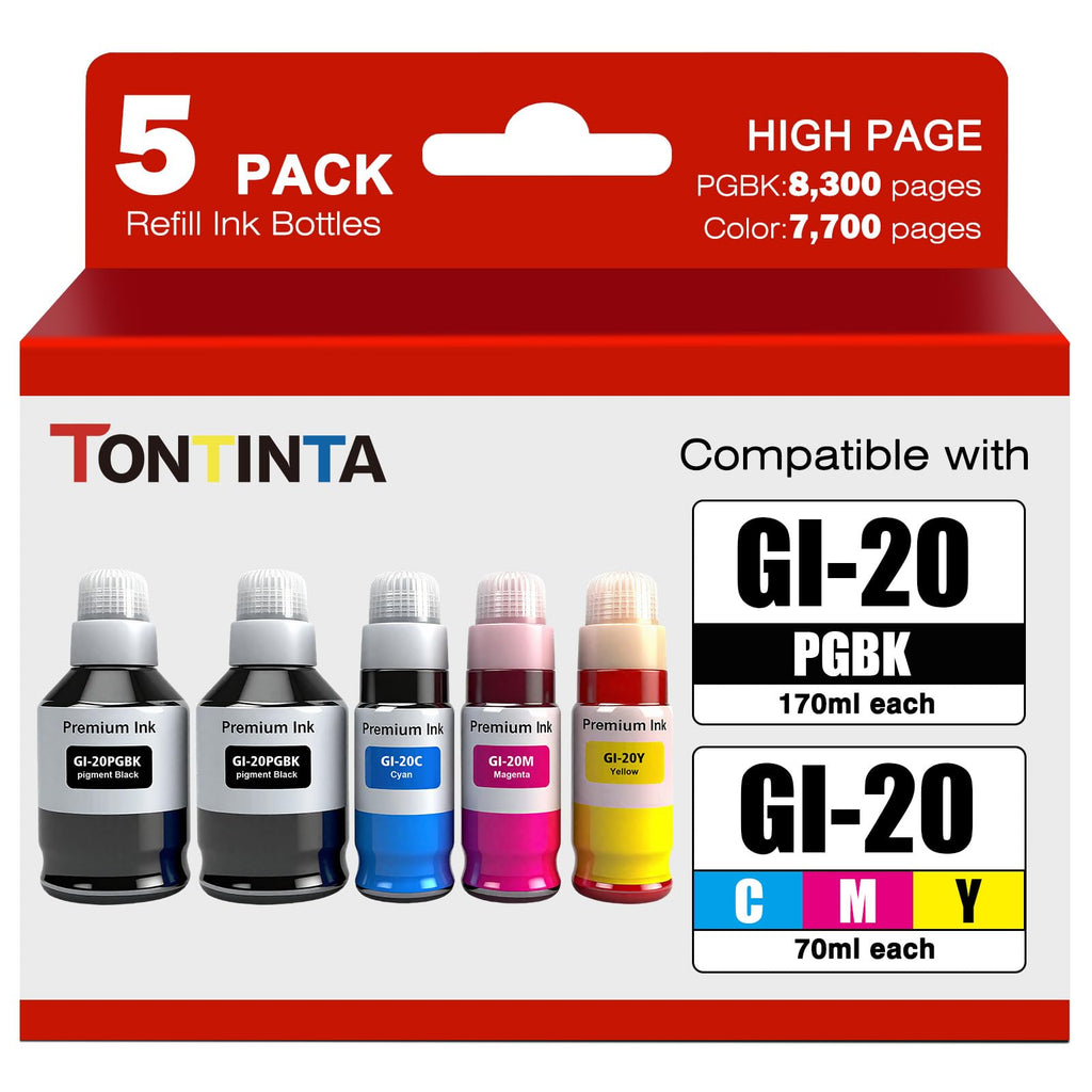 GI20 GI-20 Ink Bottles 5 Color Multipack High Capacity Compatible for Canon PIXMA G5020 G6020 G7020 MegaTank Printers 170ml Black Ink Refill 70ml C/M/Y Ink Refill