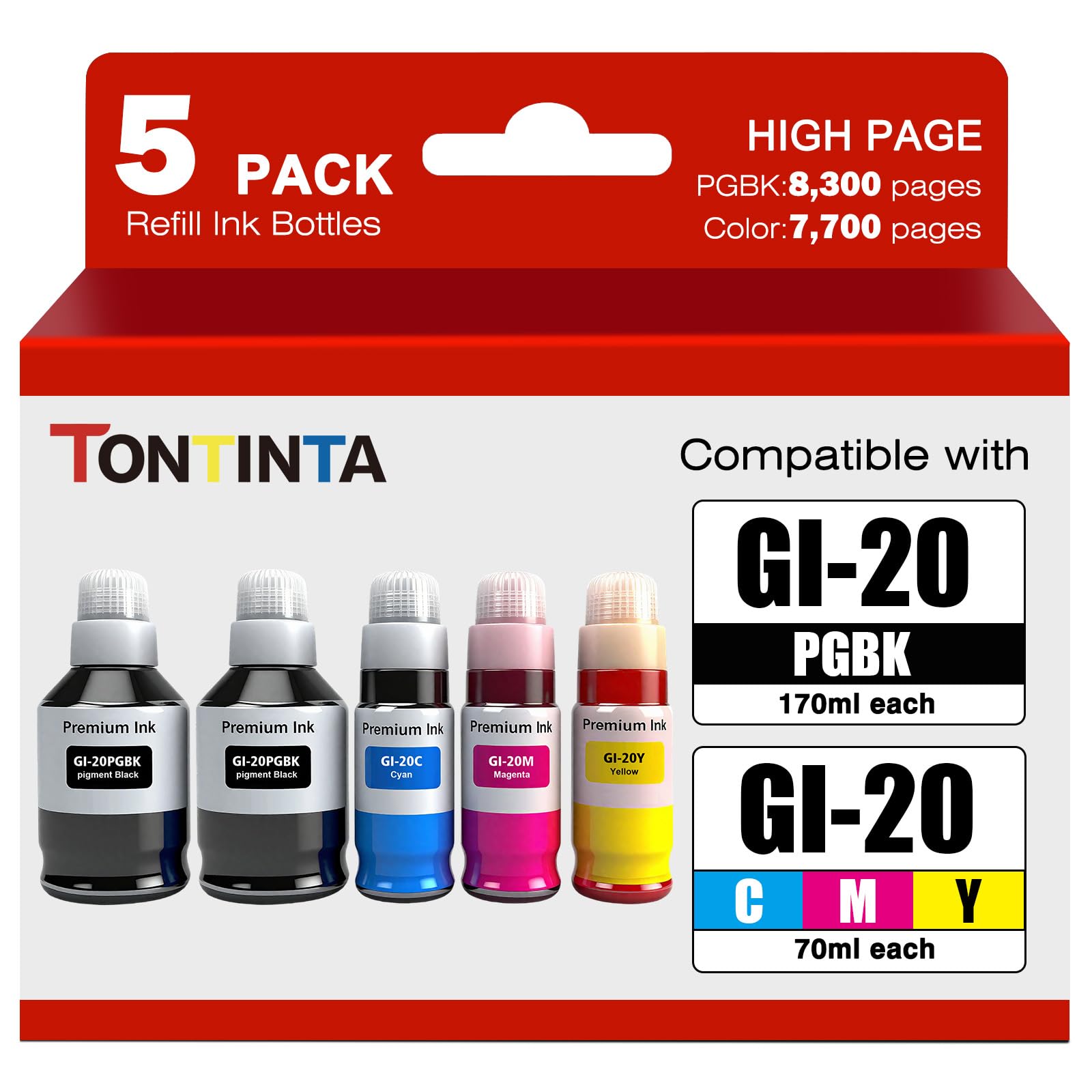 GI20 GI-20 Ink Bottles 5 Color Multipack High Capacity Compatible for Canon PIXMA G5020 G6020 G7020 MegaTank Printers 170ml Black Ink Refill 70ml C/M/Y Ink Refill