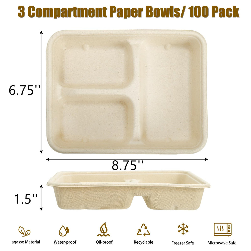 Yesland 100 Pack Compostable Paper Plates, Natural Sugarcane 3 Compartment Plate, Heavy Duty Lunch Tray, Disposable Divided Sectional Trays, Microwave Freezer Safe for Party School