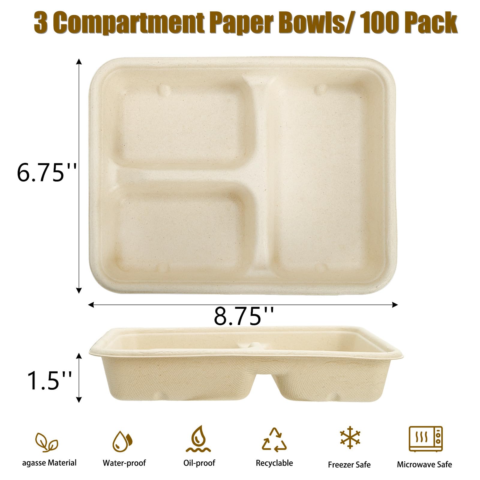 Yesland 100 Pack Compostable Paper Plates, Natural Sugarcane 3 Compartment Plate, Heavy Duty Lunch Tray, Disposable Divided Sectional Trays, Microwave Freezer Safe for Party School