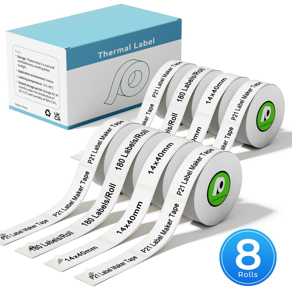 Compatible with NELKO P21 Label Maker Tape, 14x40mm (0.55"x1.57"), Standard Laminated Office Labeling Tape Replace for NELKO P21,NADAIIN N12, ORGBRO X1, ORGSTA S001, 180 Labels/Roll, 8-Rolls, White