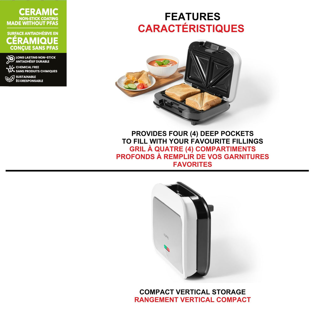 Starfrit Electric Sandwich Maker - Chemical Free Ceramic Non-Stick Surface – 2 Slice & 4 Deep Pockets To Fill – Indicator Light -Cool Touch Handle - 700W – White