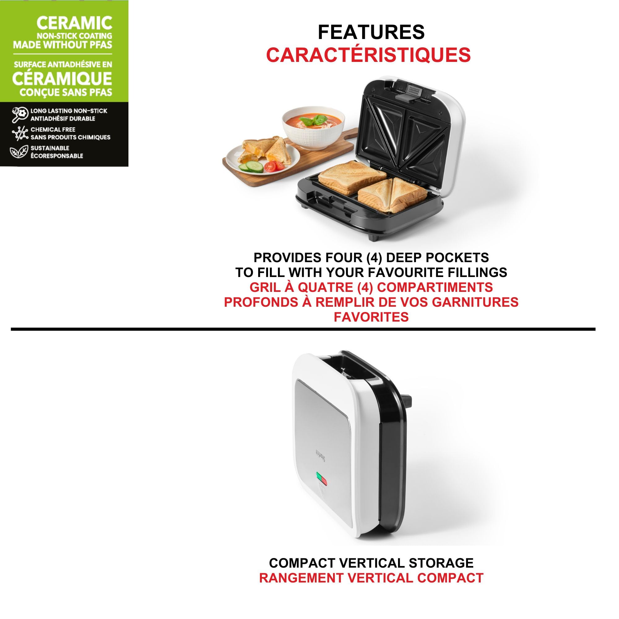 Starfrit Electric Sandwich Maker - Chemical Free Ceramic Non-Stick Surface – 2 Slice & 4 Deep Pockets To Fill – Indicator Light -Cool Touch Handle - 700W – White