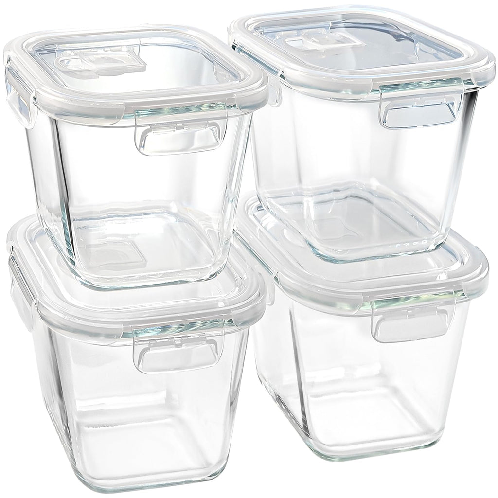 Soup Containers with Lids Glass 32 oz, 4 Cup Borosilicate Glass Food Storage Containers, Microwave & Freezer Safe Jars, Small Square Meal Prep Bowl for Salad, Fruit, Lunch,Travel,Ice Cream,4 Pack