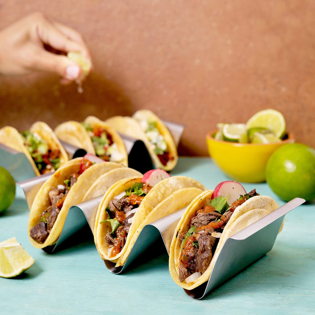 Stainless Steel Taco Holder Stand, Set of 6 - Stylish Rack Holds Up to 3 Tacos Each, Keeping Shells Upright - Oven, Grill and Dishwasher Safe