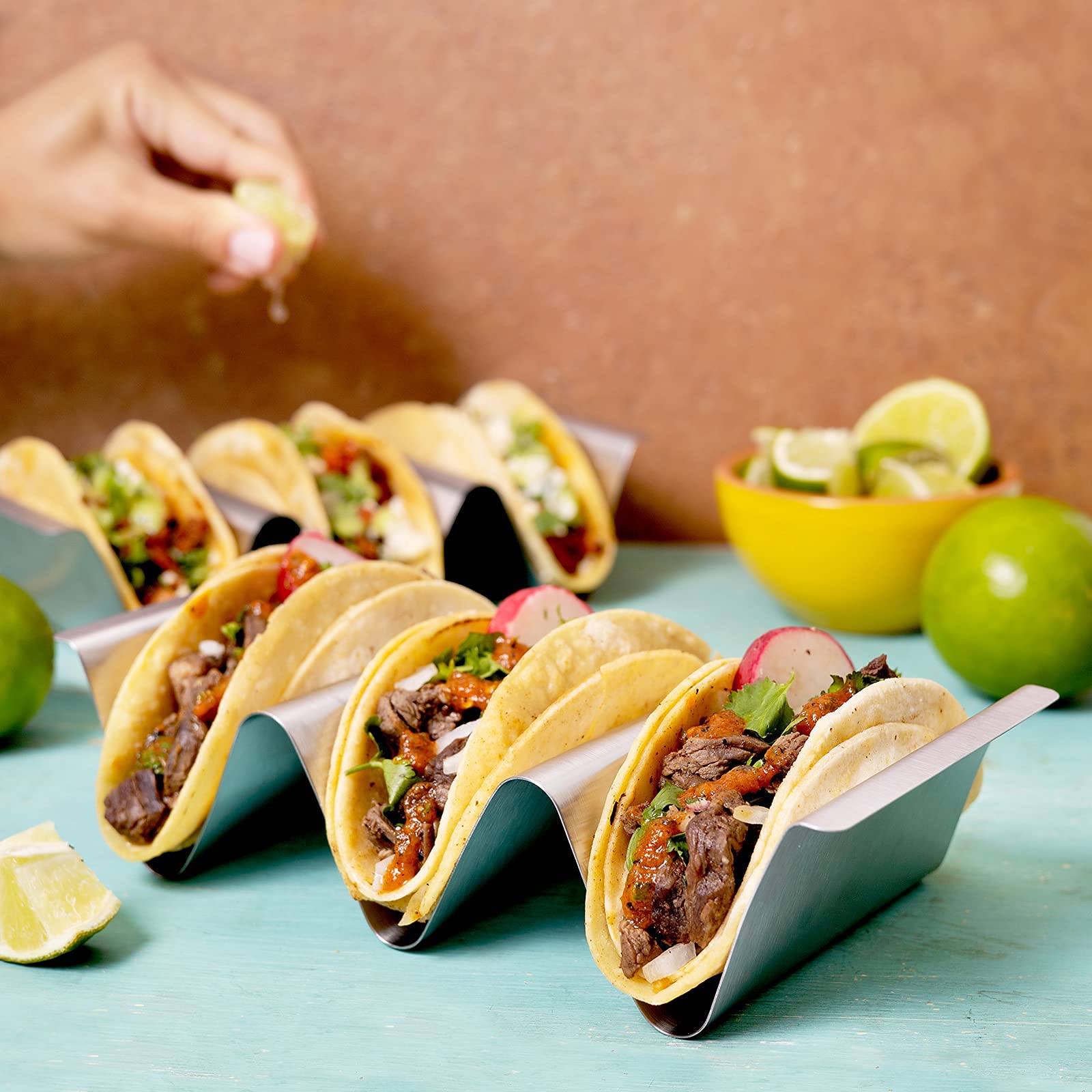 Stainless Steel Taco Holder Stand, Set of 6 - Stylish Rack Holds Up to 3 Tacos Each, Keeping Shells Upright - Oven, Grill and Dishwasher Safe