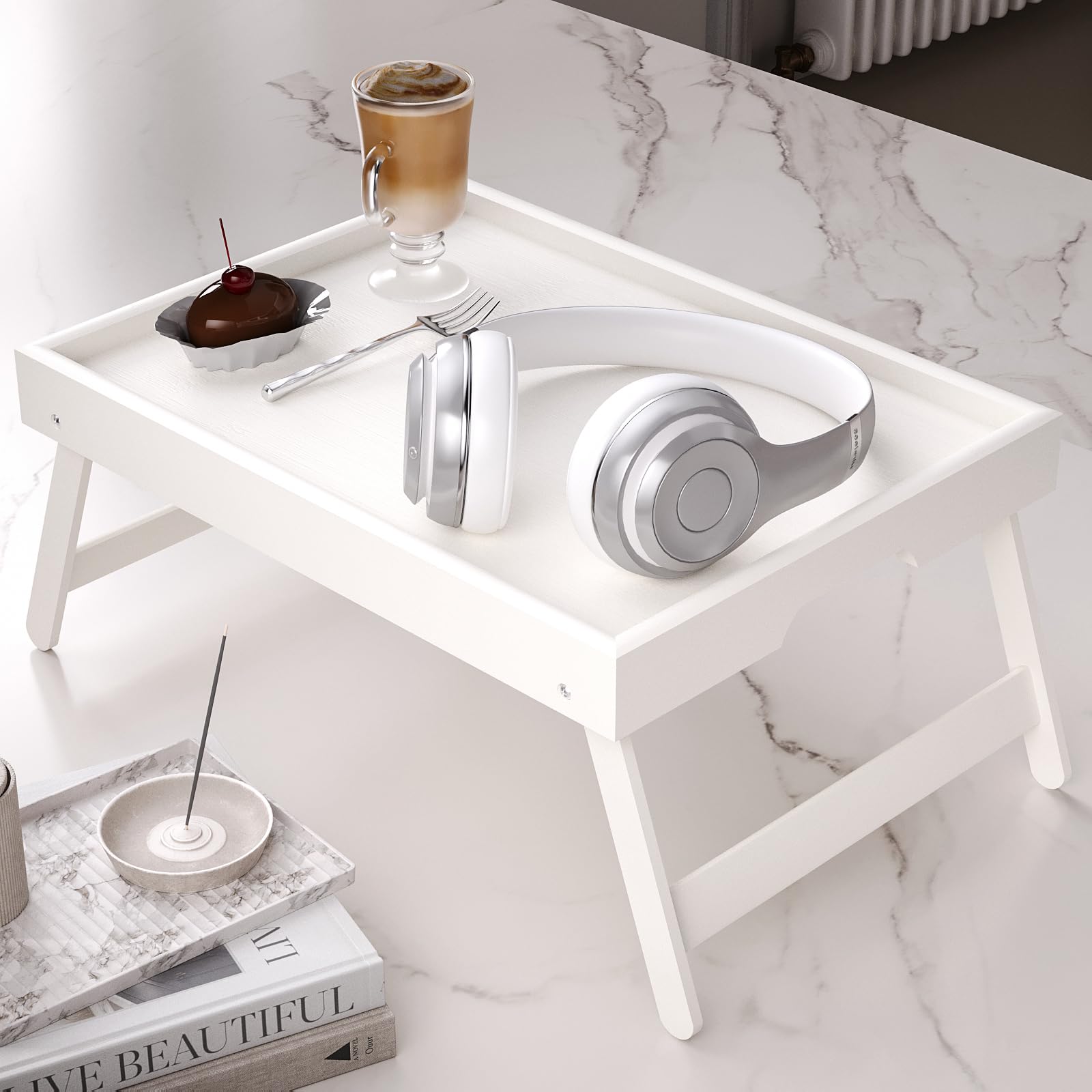 Bamboo Bed Table Tray with Foldable Legs, Large Breakfast Bed Tray with Handles for Food, Snack Small Laptop (White)