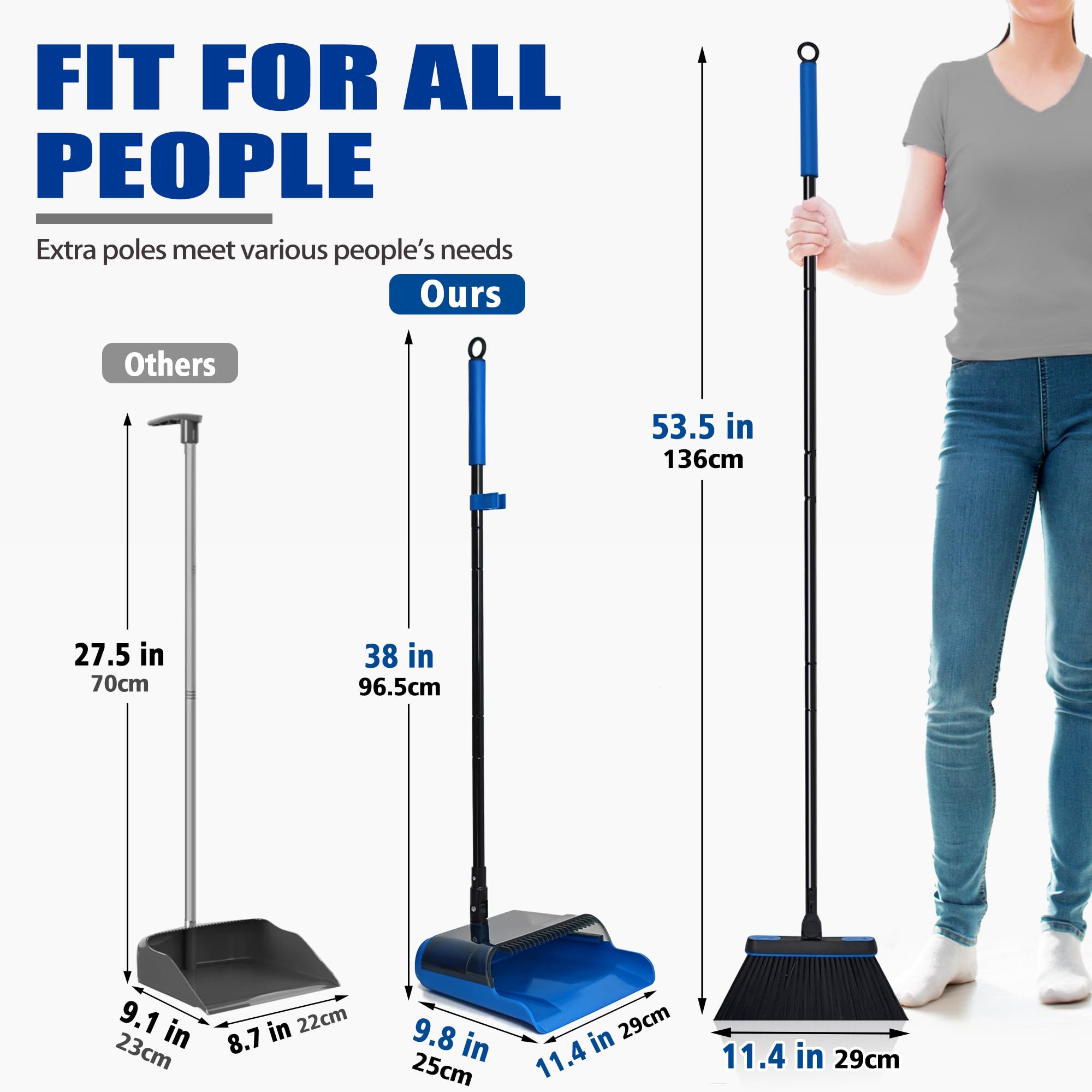 JEHONN Broom and Dust Pan, Upgraded Large Foldable Dustpan with Comb Teeth, 53.5 inches Long Handle Swivel Brush Indoor for Home Kitchen Lobby Floor Cleaning (Blue)