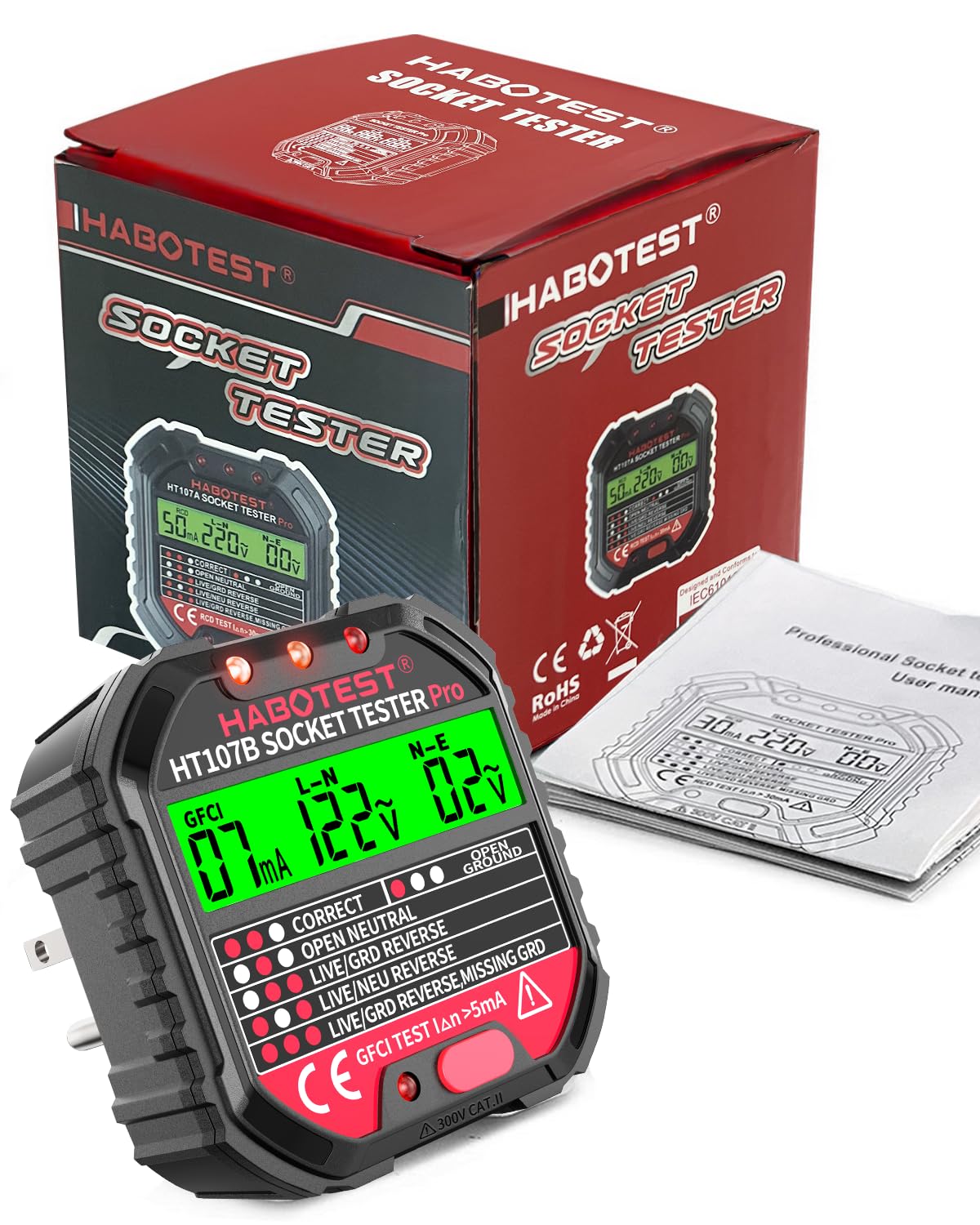 Outlet Tester Electrical GFCI Receptacle Detector with LCD Display, 90-250V Socket Tester, Circuit Polarity Voltage Detector, Plug Tester Breaker Finder with 6 Visual Indication CAT II 300V (CA Plug)