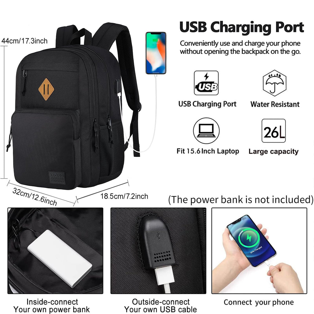 KEOFID classic carry-on travel backpack for men and women, Anti theft laptop backpack with USB charging port, large backpack for college(dark black）