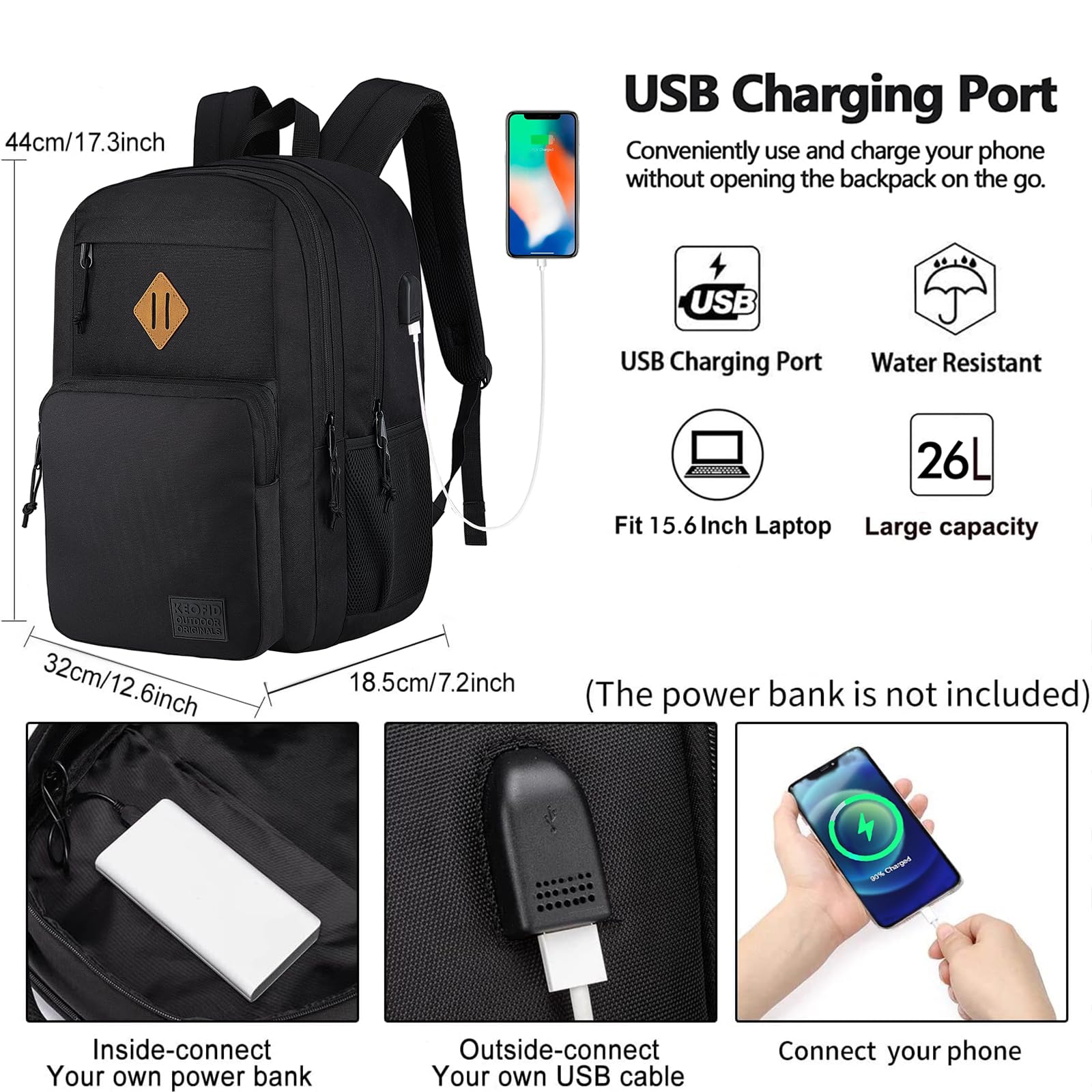 KEOFID classic carry-on travel backpack for men and women, Anti theft laptop backpack with USB charging port, large backpack for college(dark black）