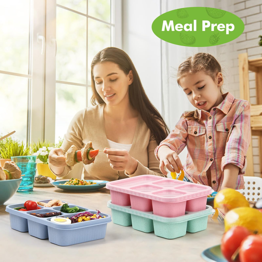 4 Pack Bento Lunch Box - BPA-Free Reusable Bento Box Kids Adult - 5-Compartment Meal Prep Container with Lids - Lunch Box for Kids, Toddler, Adults - Suitable for School, Company, and Travel