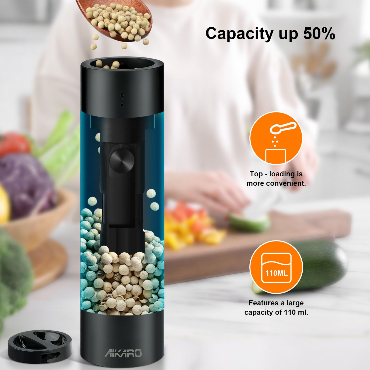 AIKARO - Electric Salt and Pepper Mill Automatic Spice Grinder, Battery Operated