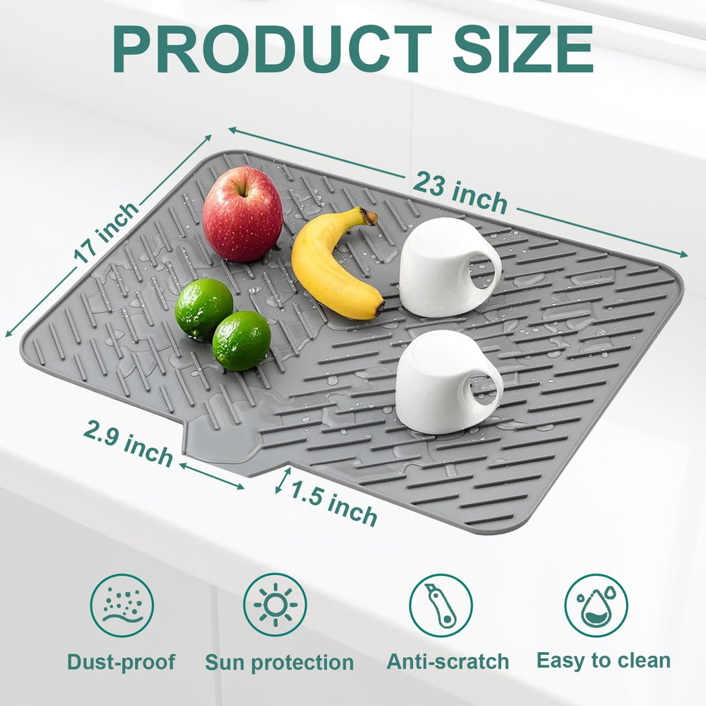 SCYFREID Silicone Dish Drying Mat 23x17 Multiple Usage,Easy clean,Eco-friendly,Heat-resistant Silicone Mat Dish Drying Mats For Kitchen Counter or Sink,Refrigerator or Drawer liner Gray 23inchx17inch