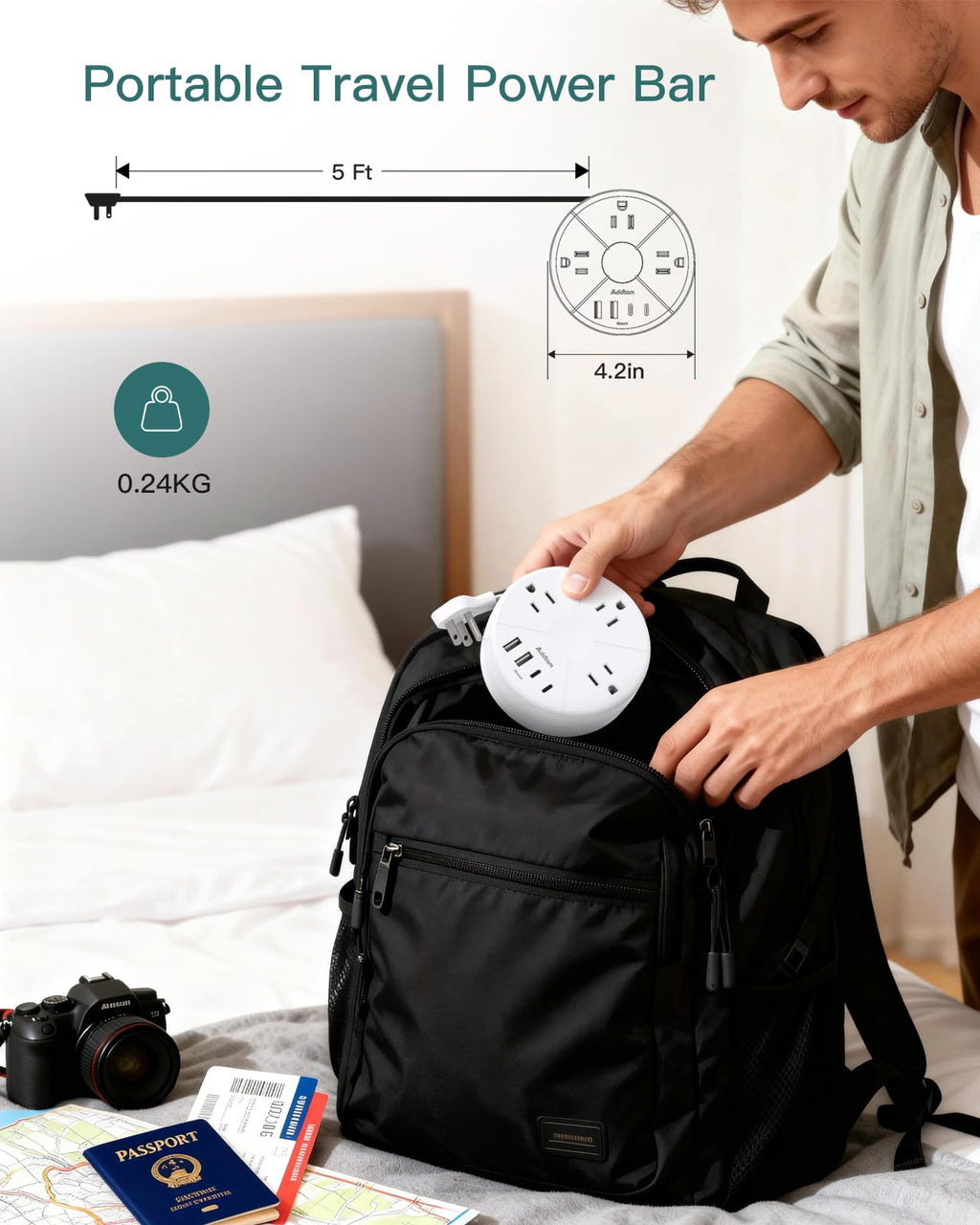 Addtam Travel Power Bar with 4 USB Ports(2 USB C), Retractable Flat Plug Extension Cord 5FT, Cruise Ship Essentials