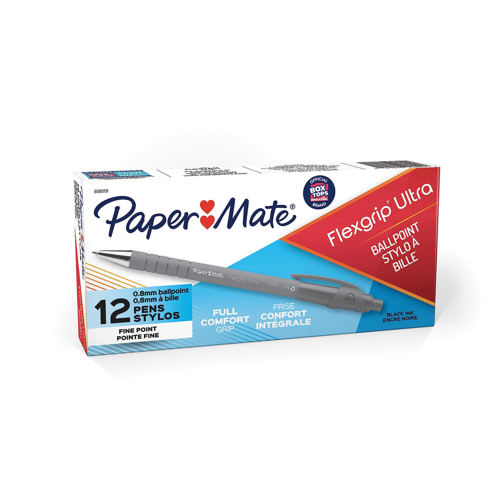 Paper Mate FlexGrip Ultra Retractable Ballpoint Pens, Fine Point (0.8 mm), Black, 12 Count