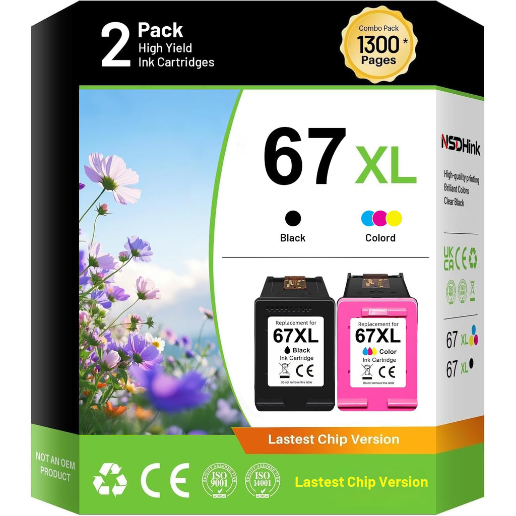 NSDHInk Remanufactured 67XL Ink Cartridges Replacement for HP 67 XL 67XL Ink Combo Pack for Deskjet 4255e 2700 2855e 2755e 2734e 2842e 4255e 2723e 4155e 2742e Envy 6055e 6455e 6000 6400 Ink (2 Pack)