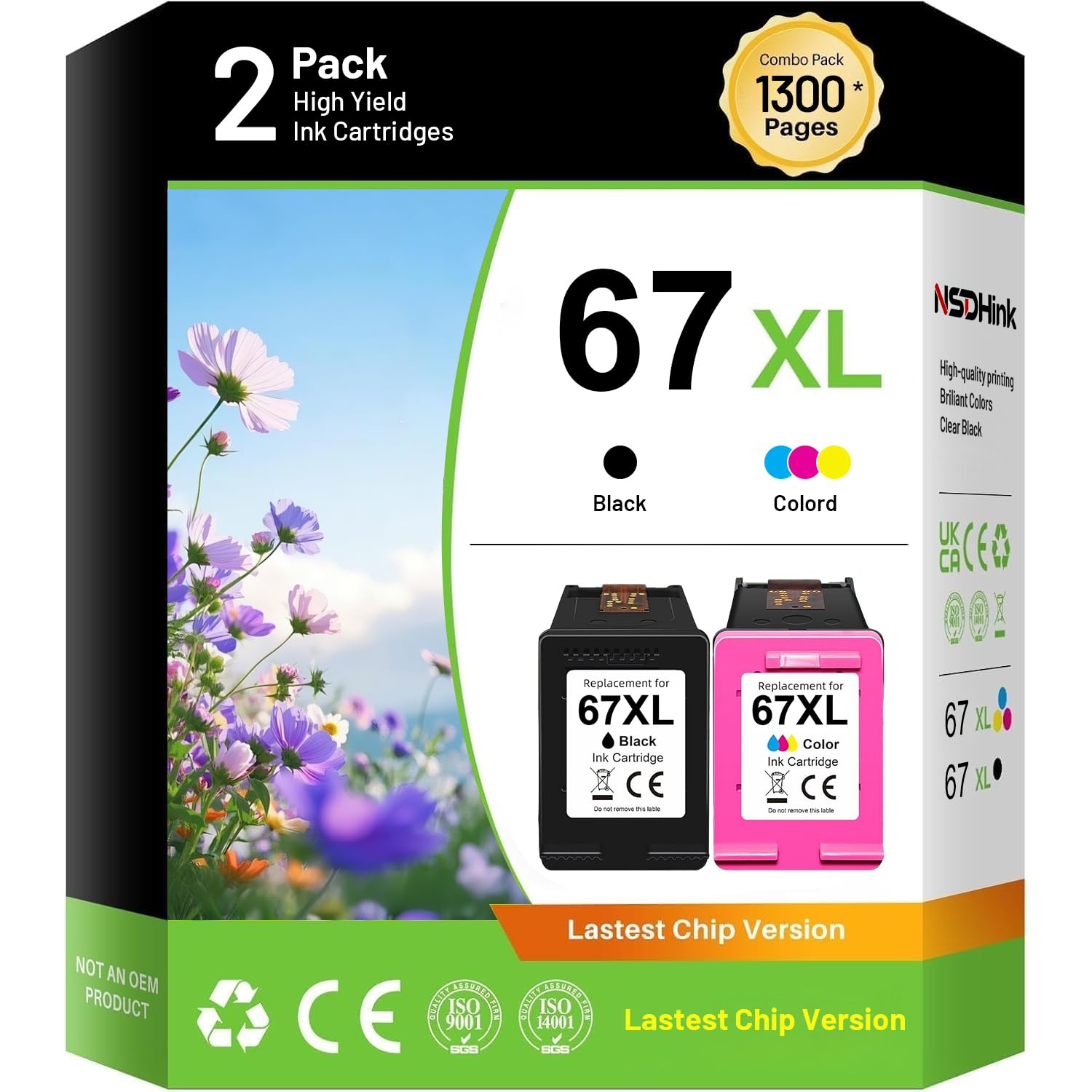 NSDHInk Remanufactured 67XL Ink Cartridges Replacement for HP 67 XL 67XL Ink Combo Pack for Deskjet 4255e 2700 2855e 2755e 2734e 2842e 4255e 2723e 4155e 2742e Envy 6055e 6455e 6000 6400 Ink (2 Pack)