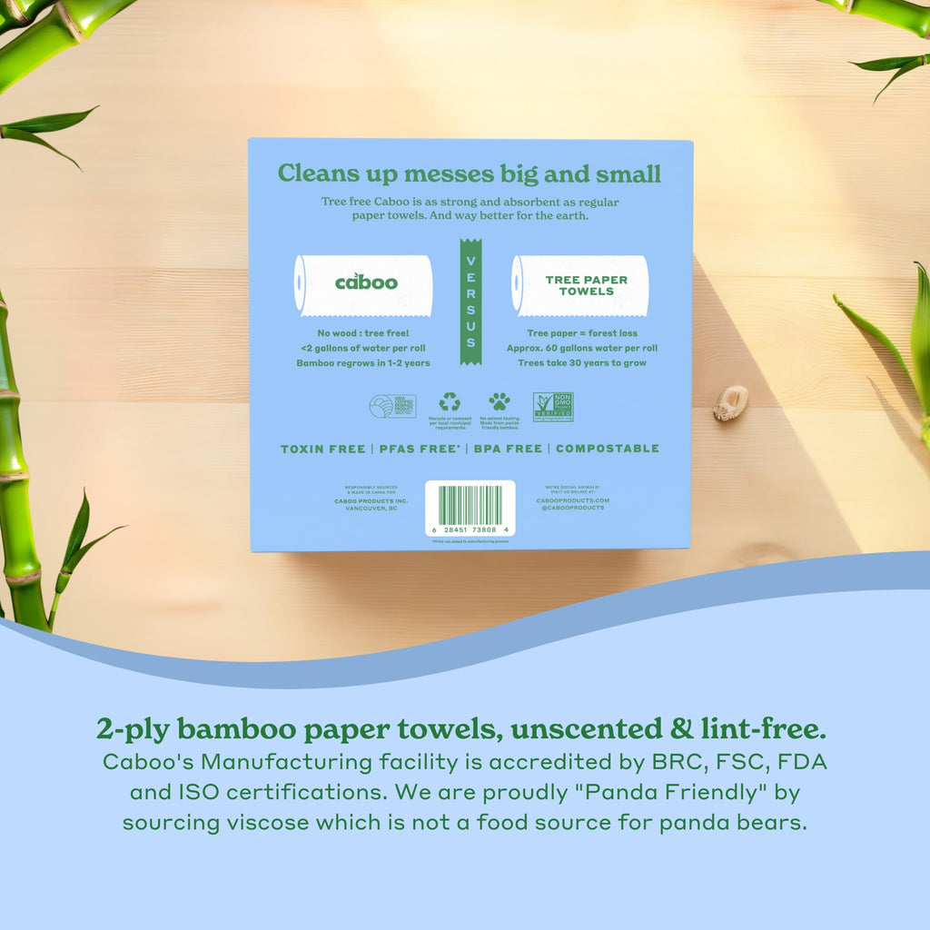 Caboo Tree Free Paper Towels, 6 Rolls, Earth Friendly Sustainable Kitchen Paper Towels with Strong 2 Ply Sheets