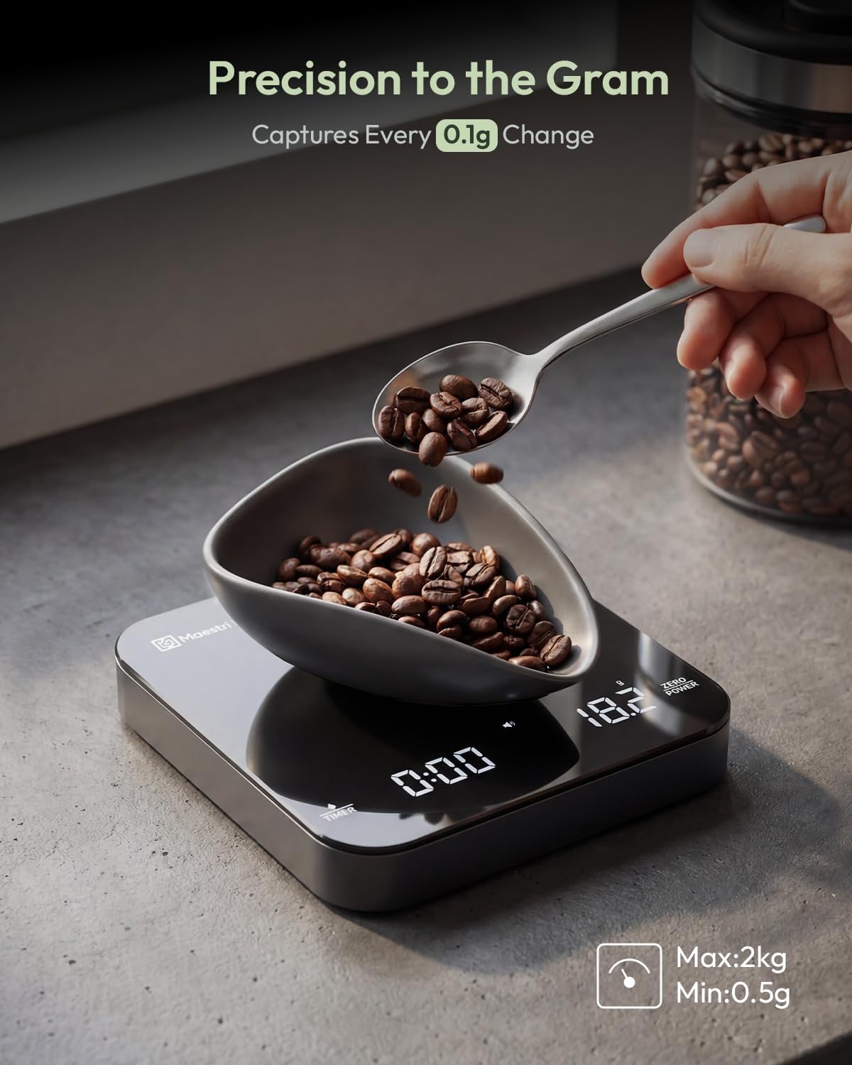 Rechargeable Mini Coffee Scale with Timer, Maestri House Espresso Scale, 2kg/0.1g Accurate Scale for Espresso and Pour-Over Coffee, Portable Digital Kitchen Scale with Automatic Timing（Black&Silver）