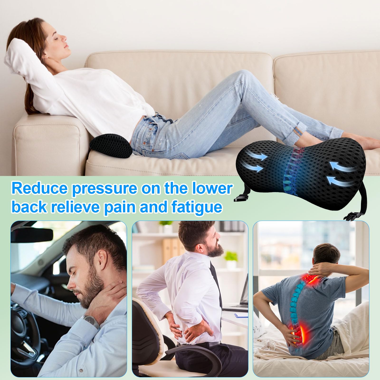 Lumbar Support Pillow, Memory Foam Cushion, Relieves Back Pain, Provides Strong Support, Ergonomic Lumbar Pad for Cars, Airplanes, and Office Chairs (Black)