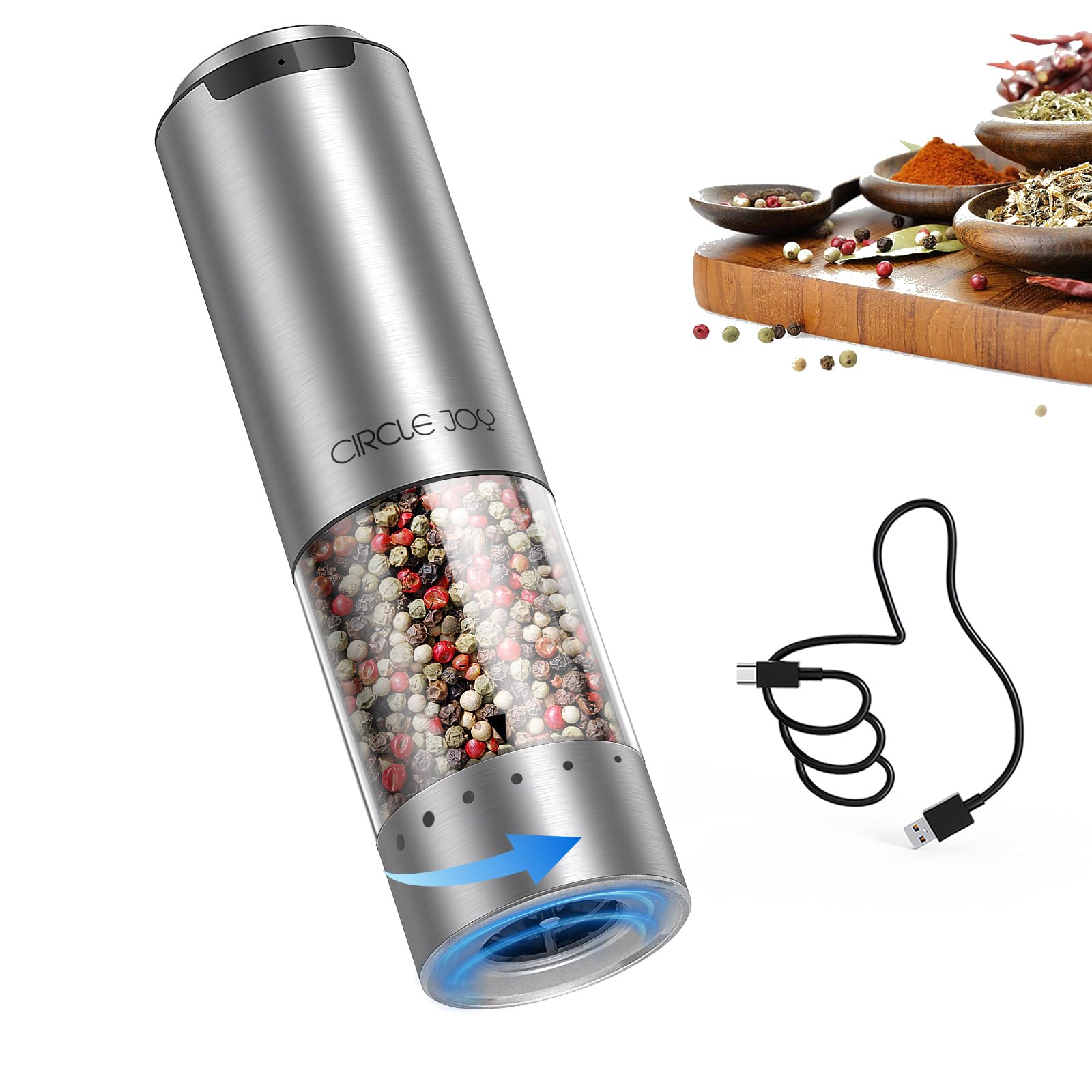CIRCLE JOY Electric Pepper Grinder Stainless Steel Rechargeable Pepper Mill Grinder with External Adjustable Coarseness, White LED Light, USB Cable