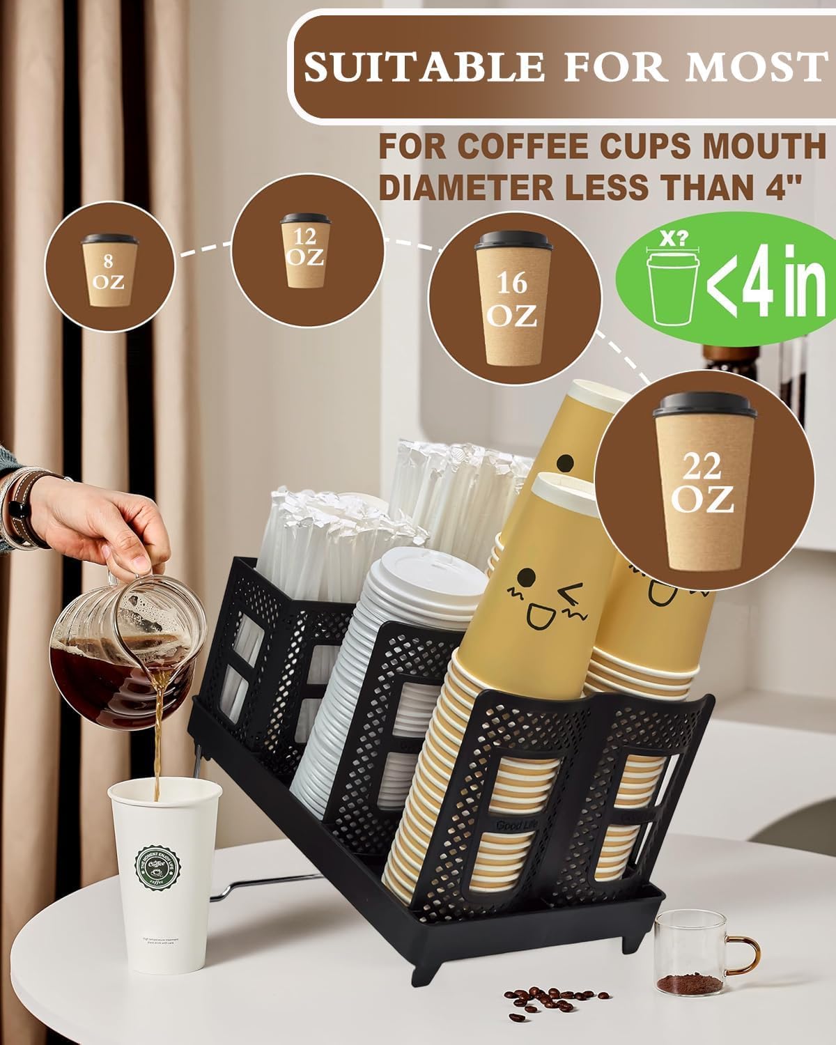 YTJHOME Disposable Coffee Cup Holder Lid Dispenser 2 IN1 Paper Cup and Lid Holder with Straw Organizer Adjustable Paper Cup Holder for Countertop Coffee Station Bar Restaurant Breakroom Kitchen Office