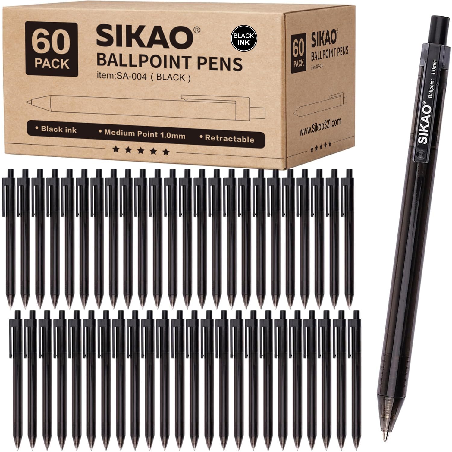 Black Pens Bulk, 60Pack Ballpoint Pens for Smooth Writing Pens No Smear, Black Ink Pens Medium Point 1.0mm, Retractable Click Ball Point Server Pens, School Office Supplies