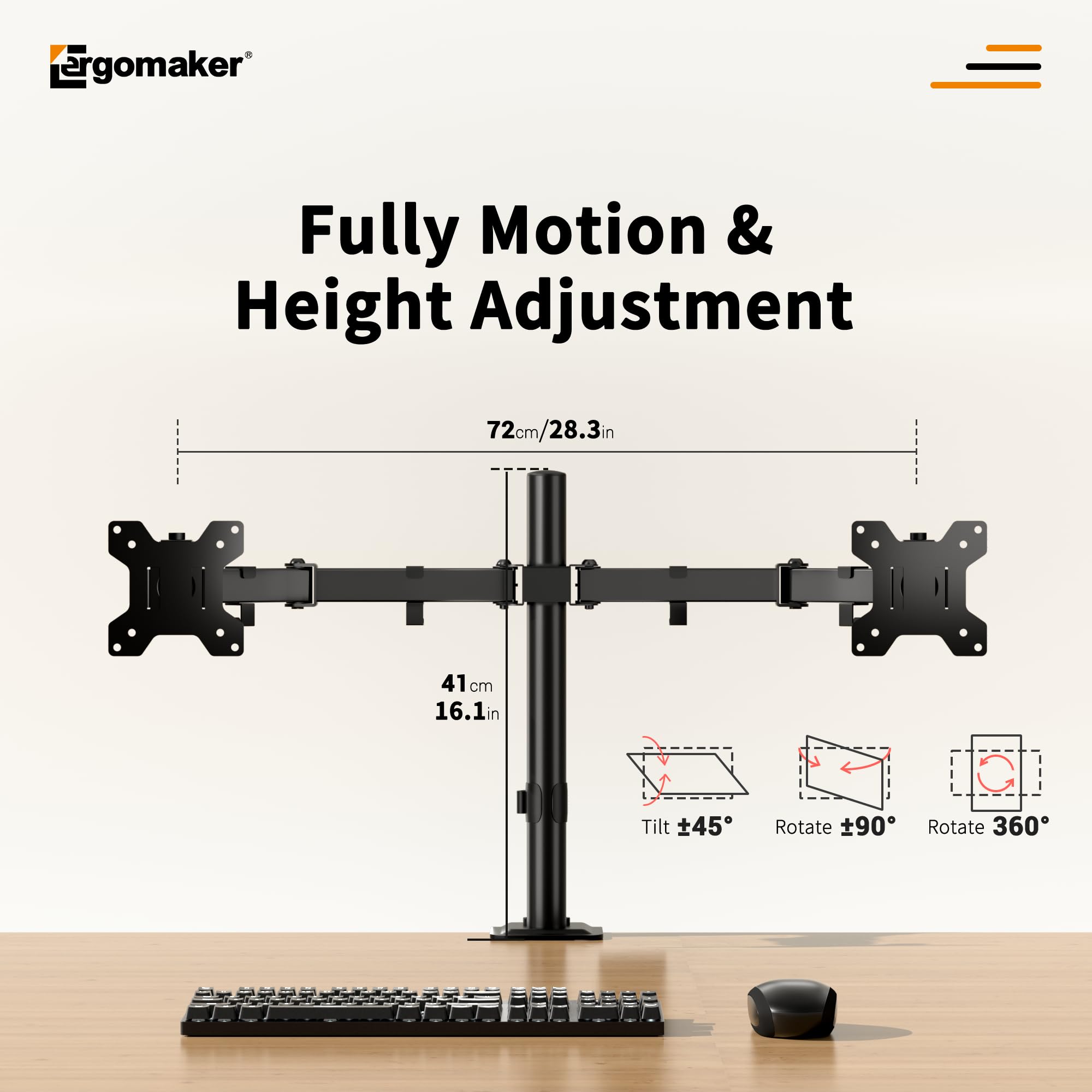 ERGOMAKER Dual Monitor Arm, Adjustable Dual Monitor Mount, Duty Dual Monitor Stand for Desk for 2 Computer Monitors up to 27", Double Monitor Mount for LCD Screens