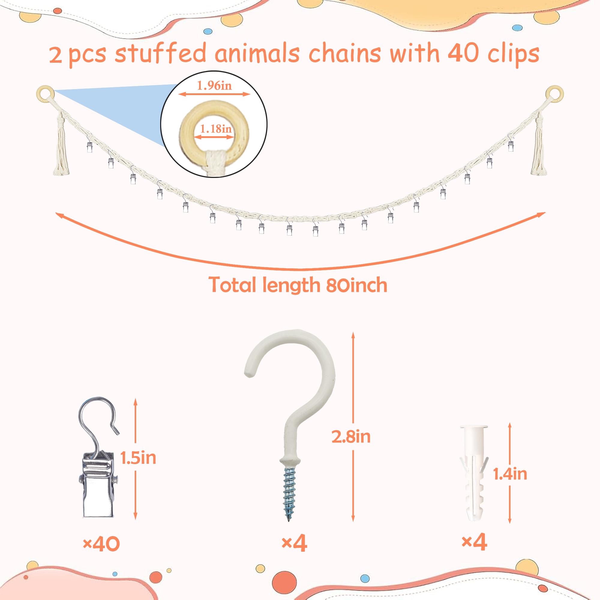 2Pcs Stuffed Animals Storage Chain 80" Hanging Organizer with 40 Metal Clips Stuffed Animal Display Holder Macrame Stuffed Animal Chain Decor Hanger for Nursery Playroom Wall Corner